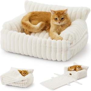 image:imageCOZY KISS Cute Cat Couch Fluffy Sofa Bed for Cats and Small Dogs Premium Faux Rabbit Fur Cats beds for Indoor Cat UltraSoft Supportive Pet Couch Furniture Grey S 255x175Cream
