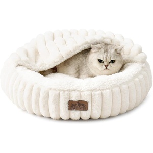 image:imageCat Bed with Hooded Blanket Round Fluffy AntiAnxiety Pet Bed for CatsToy Breed Dogs Cozy Donut Cuddler with Machine Washable Faux Fur amp AntiSlip Bottom20206GreyCream