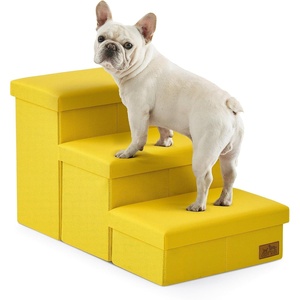 image:imageDog Stairs with Storage 3Step Wider Sturdy Dog Steps for SmallMediumLarge Dogs and Older Cats Folding Doggie Ramp for BedCouchCar Hold Up to 180 lbs 167 H GreyYellow