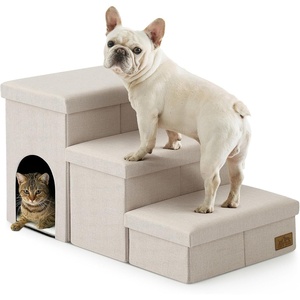 image:imageDog Stairs with Storage 3Step Wider Sturdy Dog Steps for SmallMediumLarge Dogs and Older Cats Folding Doggie Ramp for BedCouchCar Hold Up to 180 lbs 167 H GreyBeige