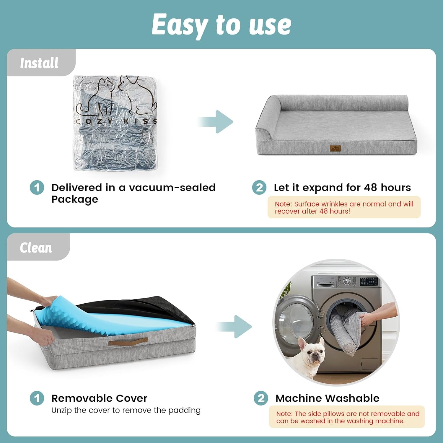 image:imageCOZY KISS Cooling Dog Bed Orthopedic Foam Dog Bed with Sides Removable Cover amp Waterproof Lining and Nonskid Bottom Comfortable Pet Beds for Dogs Blue 42 L x 30 W x 7 ThGrey