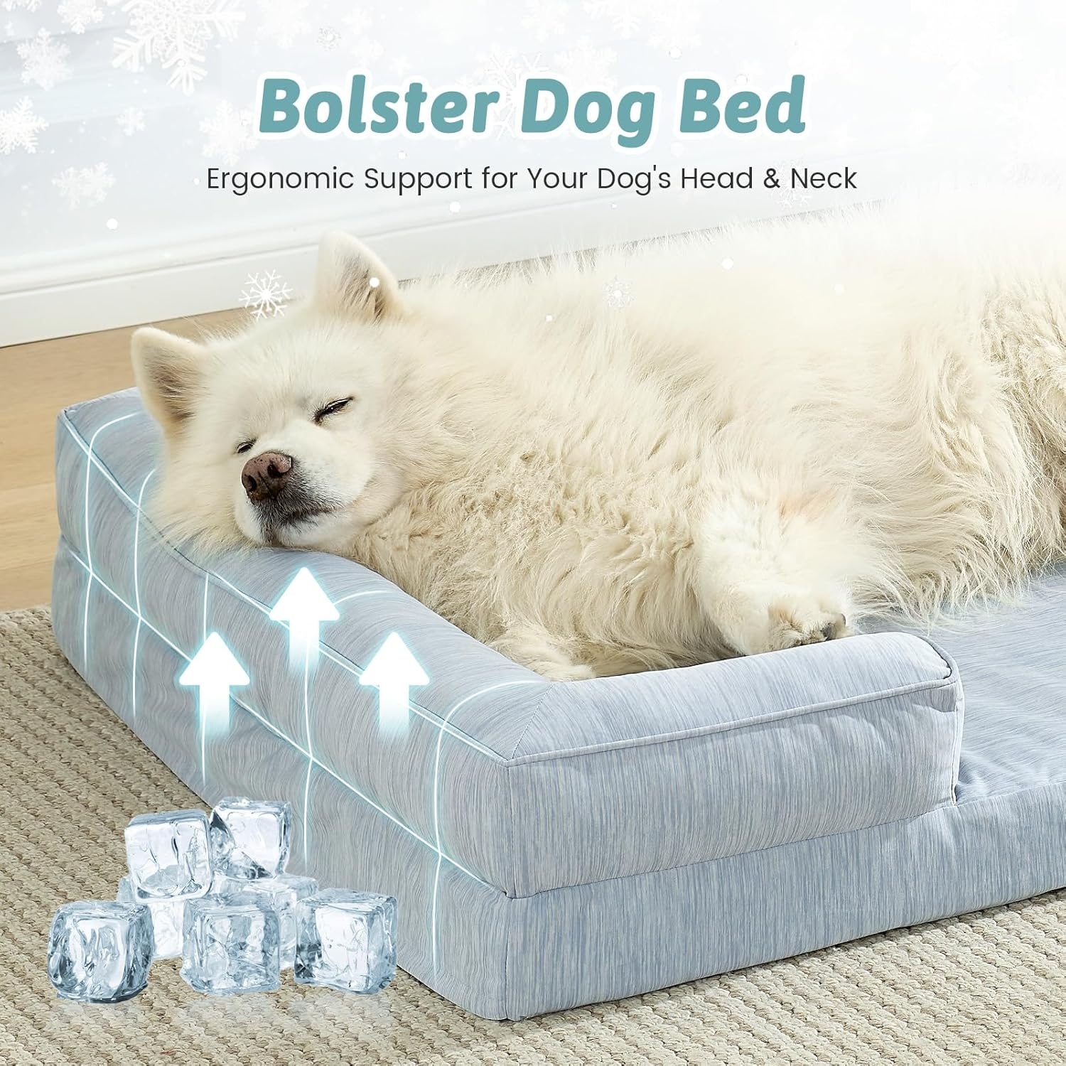 image:imageCOZY KISS Cooling Dog Bed for Large Medium Size Dogs QMax gt04 Summer Cool Orthopedic Foam Pet Sofa Bed with Sides Bolster AntiSlip Couch with Washable Removable Cover L 36x27x65 inch BeigeBlue