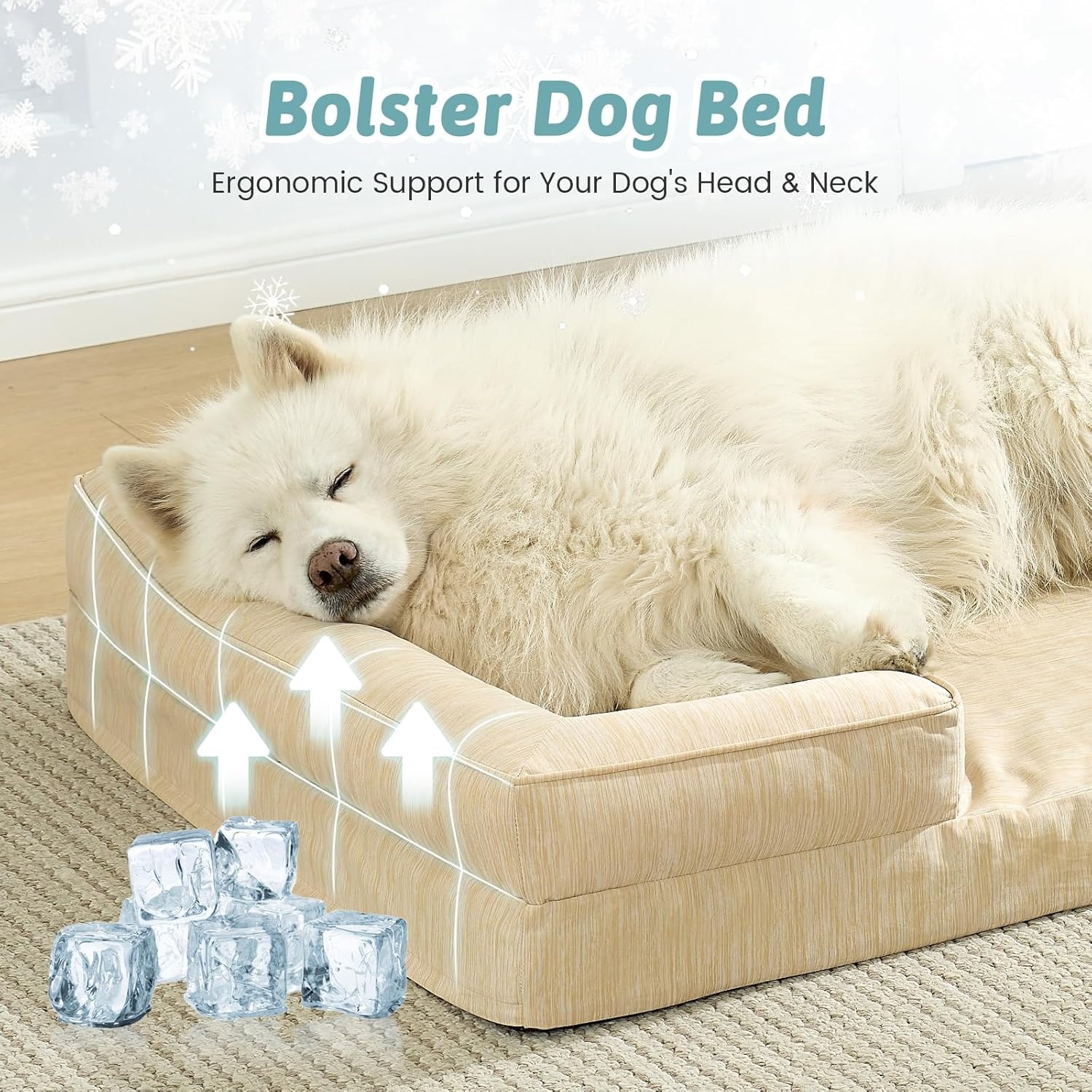 image:imageCOZY KISS Cooling Dog Bed for Large Medium Size Dogs QMax gt04 Summer Cool Orthopedic Foam Pet Sofa Bed with Sides Bolster AntiSlip Couch with Washable Removable Cover L 36x27x65 inch BeigeBeige