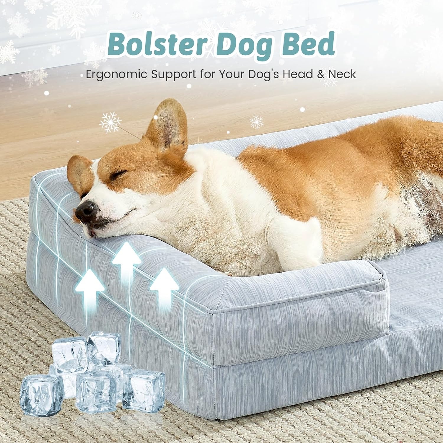 image:imageCOZY KISS Cooling Dog Bed for Large Medium Size Dogs QMax gt04 Summer Cool Orthopedic Foam Pet Sofa Bed with Sides Bolster AntiSlip Couch with Washable Removable Cover L 36x27x65 inch BeigeBlue