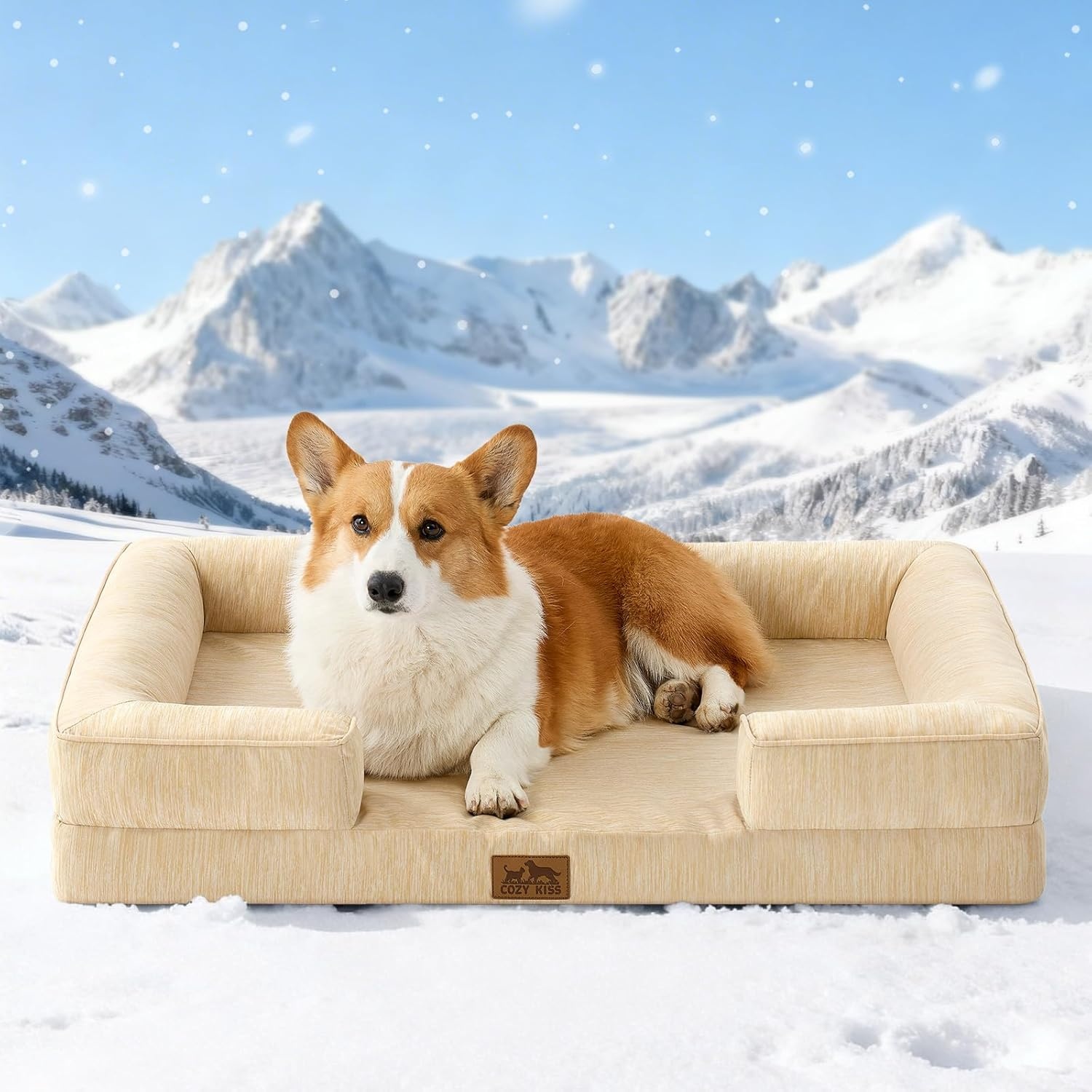 image:imageCOZY KISS Cooling Dog Bed for Large Medium Size Dogs QMax gt04 Summer Cool Orthopedic Foam Pet Sofa Bed with Sides Bolster AntiSlip Couch with Washable Removable Cover L 36x27x65 inch BeigeBeige
