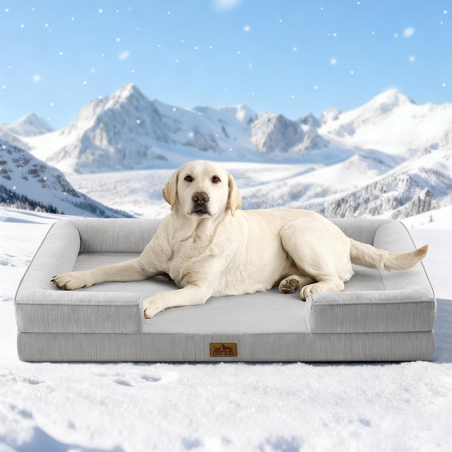 image:imageCOZY KISS Cooling Dog Bed for Large Medium Size Dogs QMax gt04 Summer Cool Orthopedic Foam Pet Sofa Bed with Sides Bolster AntiSlip Couch with Washable Removable Cover L 36x27x65 inch BeigeGrey