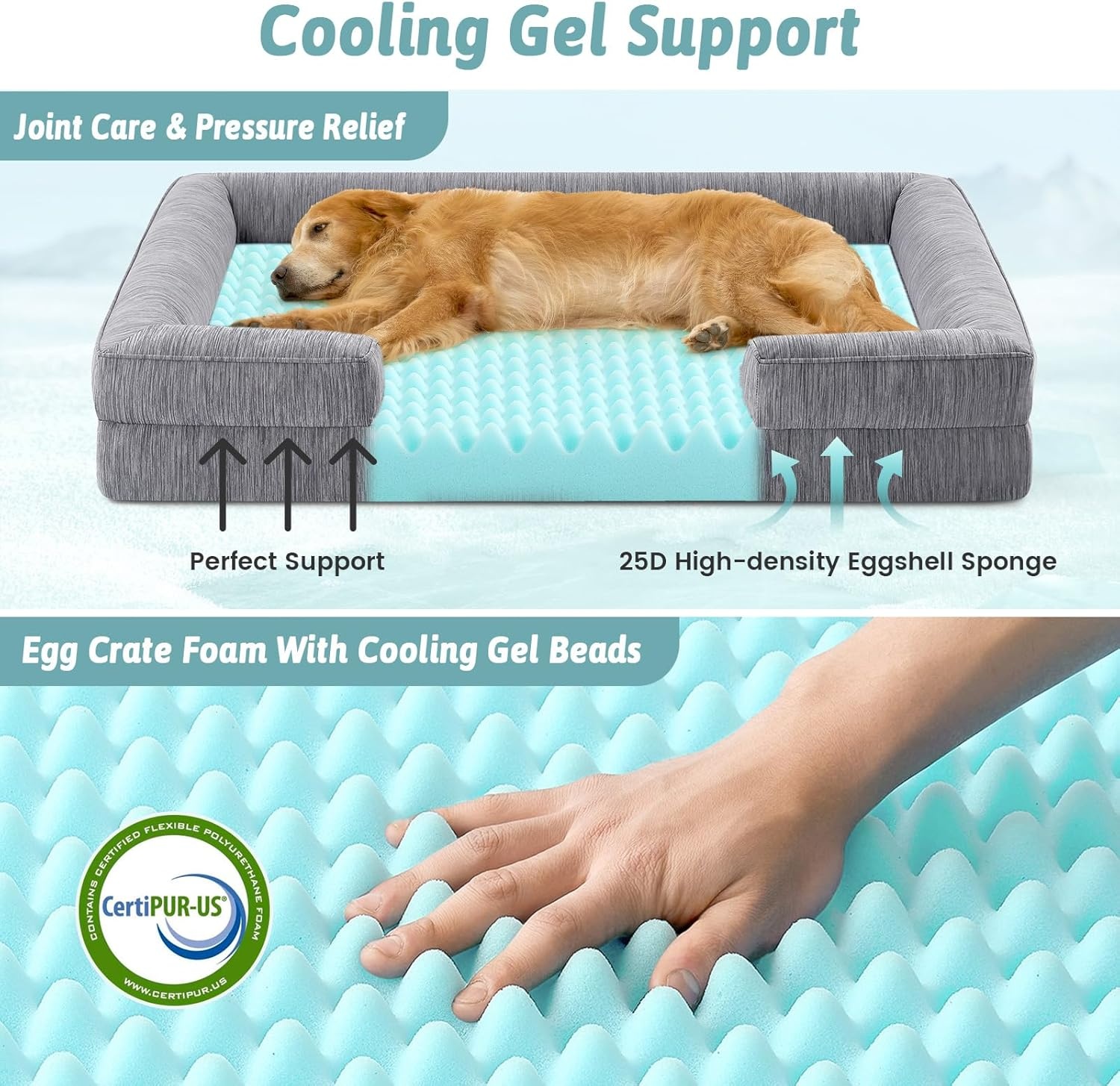 image:imageCOZY KISS Cooling Dog Bed for Large Medium Size Dogs QMax gt04 Summer Cool Orthopedic Foam Pet Sofa Bed with Sides Bolster AntiSlip Couch with Washable Removable Cover L 36x27x65 inch BeigeDark Grey