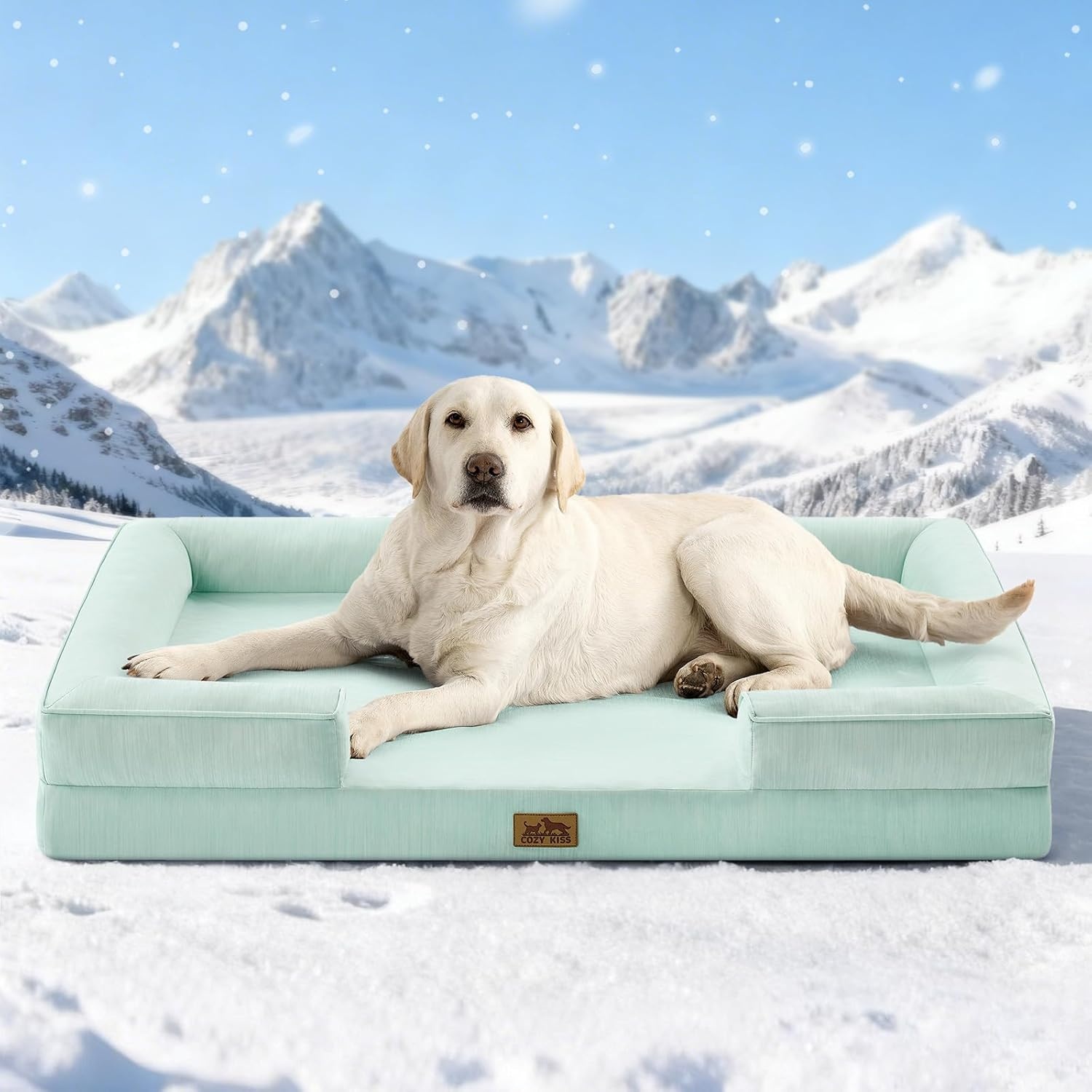 image:imageCOZY KISS Cooling Dog Bed for Large Medium Size Dogs QMax gt04 Summer Cool Orthopedic Foam Pet Sofa Bed with Sides Bolster AntiSlip Couch with Washable Removable Cover L 36x27x65 inch BeigeGreen
