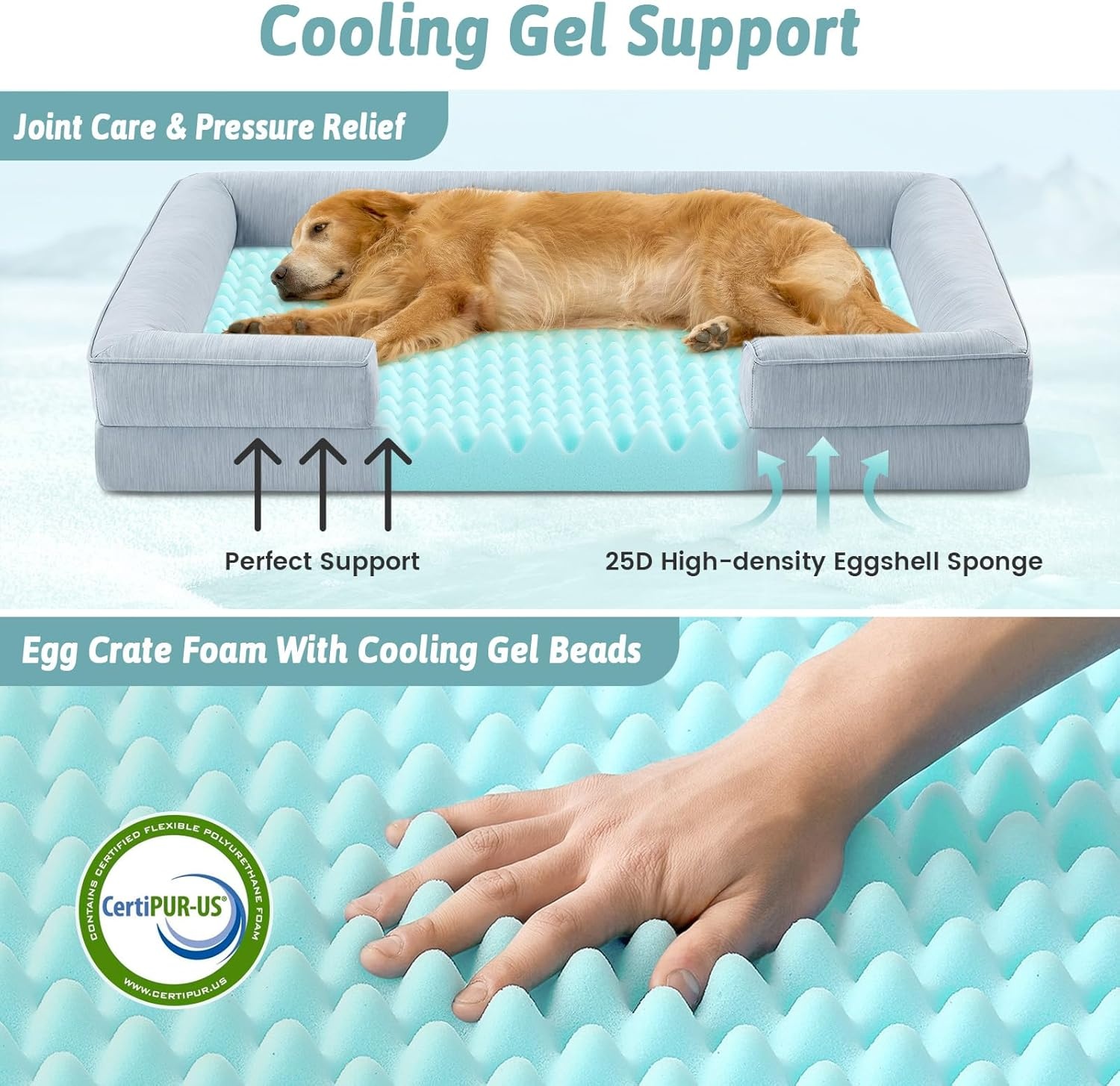 image:imageCOZY KISS Cooling Dog Bed for Large Medium Size Dogs QMax gt04 Summer Cool Orthopedic Foam Pet Sofa Bed with Sides Bolster AntiSlip Couch with Washable Removable Cover L 36x27x65 inch BeigeBlue