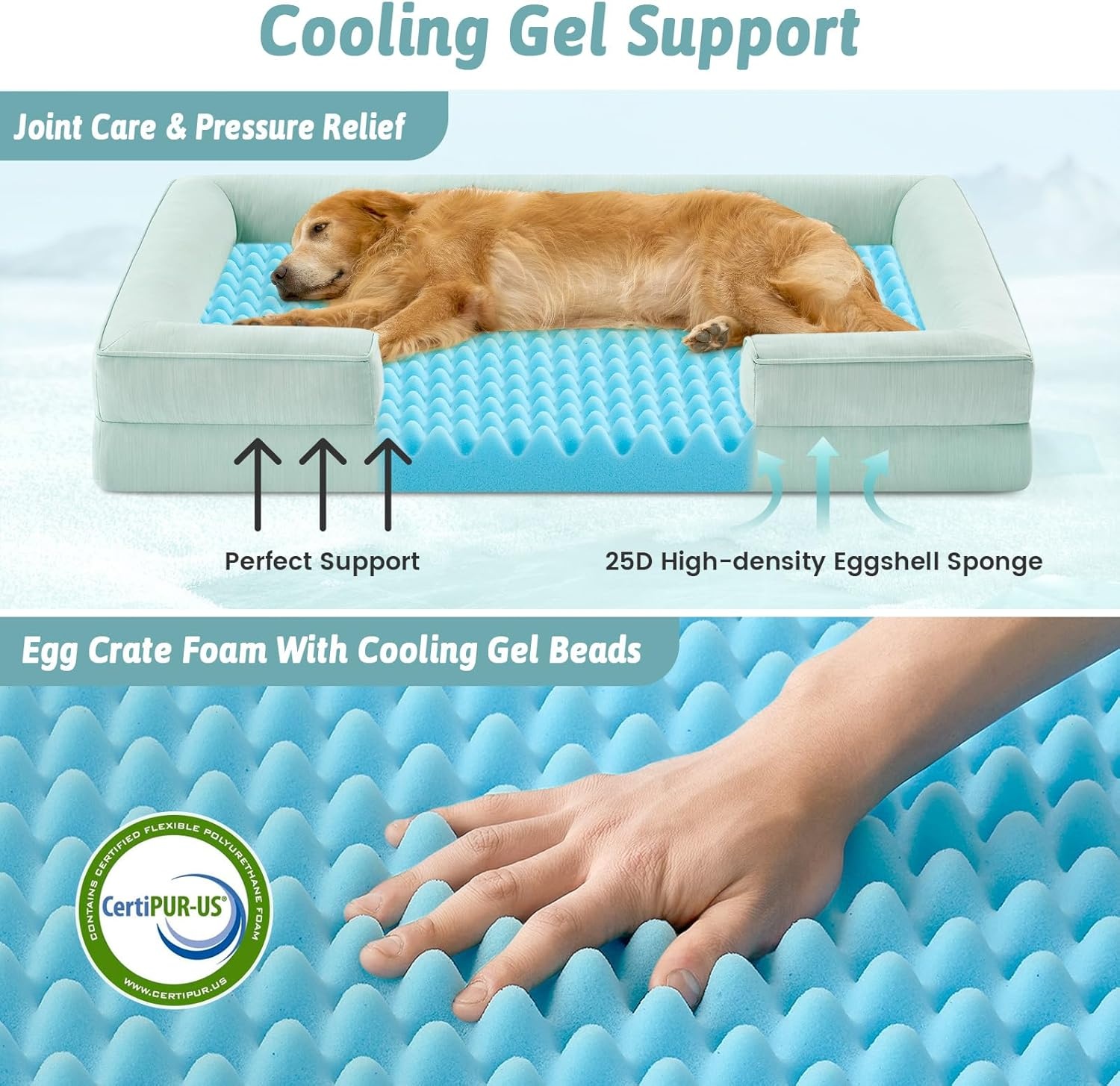 image:imageCOZY KISS Cooling Dog Bed for Large Medium Size Dogs QMax gt04 Summer Cool Orthopedic Foam Pet Sofa Bed with Sides Bolster AntiSlip Couch with Washable Removable Cover L 36x27x65 inch BeigeGreen