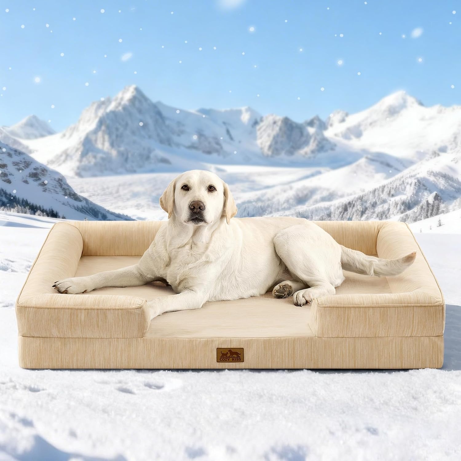 image:imageCOZY KISS Cooling Dog Bed for Large Medium Size Dogs QMax gt04 Summer Cool Orthopedic Foam Pet Sofa Bed with Sides Bolster AntiSlip Couch with Washable Removable Cover L 36x27x65 inch BeigeBeige