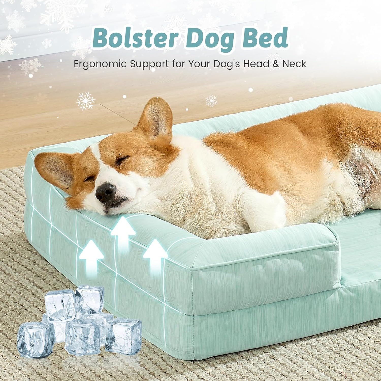 image:imageCOZY KISS Cooling Dog Bed for Large Medium Size Dogs QMax gt04 Summer Cool Orthopedic Foam Pet Sofa Bed with Sides Bolster AntiSlip Couch with Washable Removable Cover L 36x27x65 inch BeigeGreen