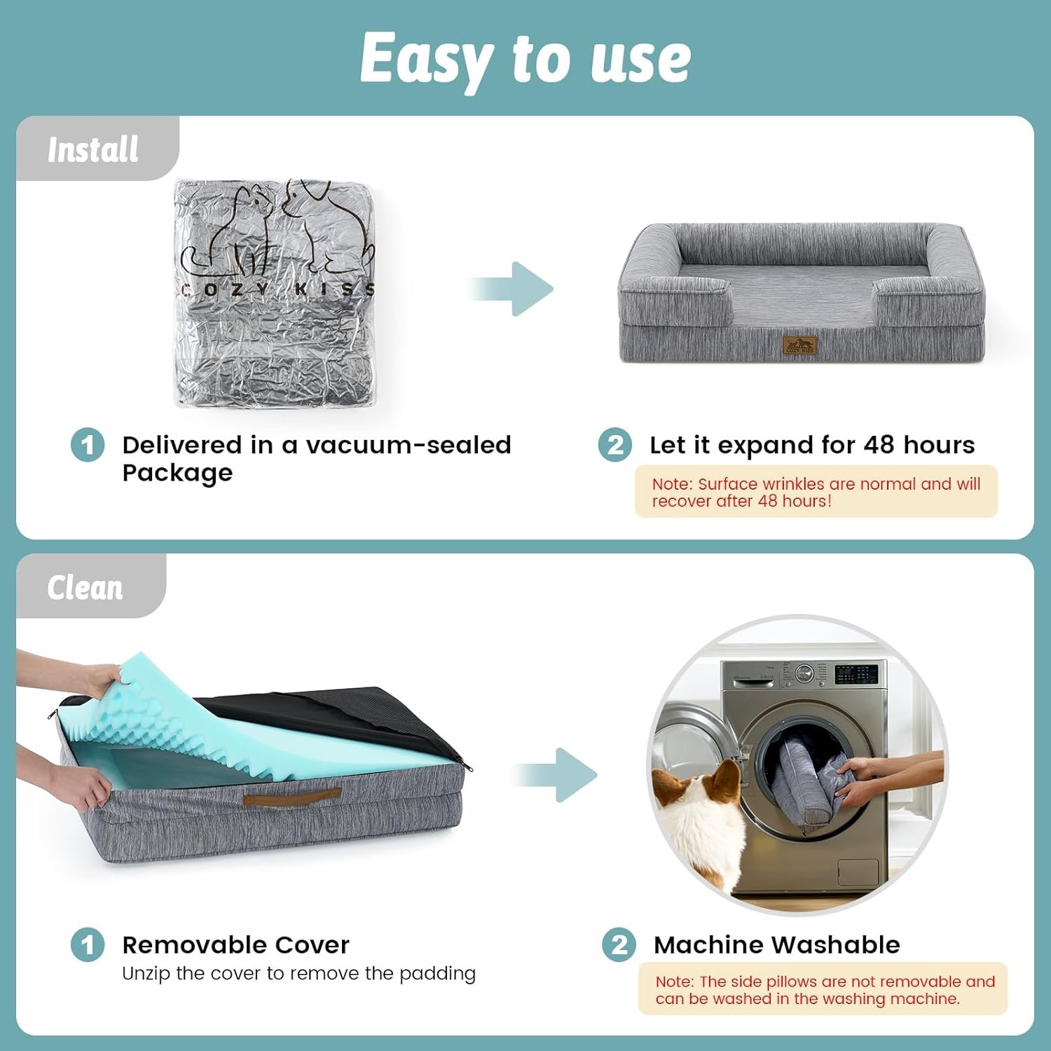 image:imageCOZY KISS Cooling Dog Bed for Large Medium Size Dogs QMax gt04 Summer Cool Orthopedic Foam Pet Sofa Bed with Sides Bolster AntiSlip Couch with Washable Removable Cover L 36x27x65 inch BeigeDark Grey