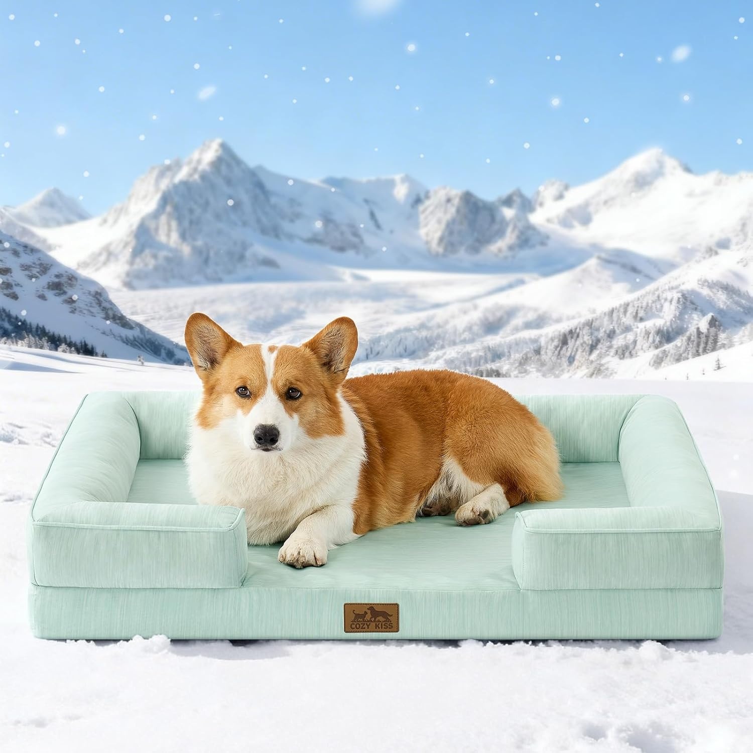 image:imageCOZY KISS Cooling Dog Bed for Large Medium Size Dogs QMax gt04 Summer Cool Orthopedic Foam Pet Sofa Bed with Sides Bolster AntiSlip Couch with Washable Removable Cover L 36x27x65 inch BeigeGreen