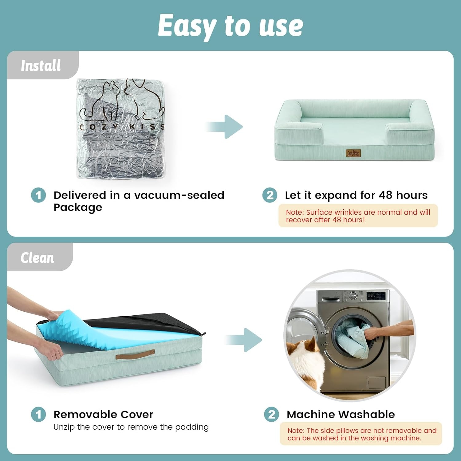 image:imageCOZY KISS Cooling Dog Bed for Large Medium Size Dogs QMax gt04 Summer Cool Orthopedic Foam Pet Sofa Bed with Sides Bolster AntiSlip Couch with Washable Removable Cover L 36x27x65 inch BeigeGreen