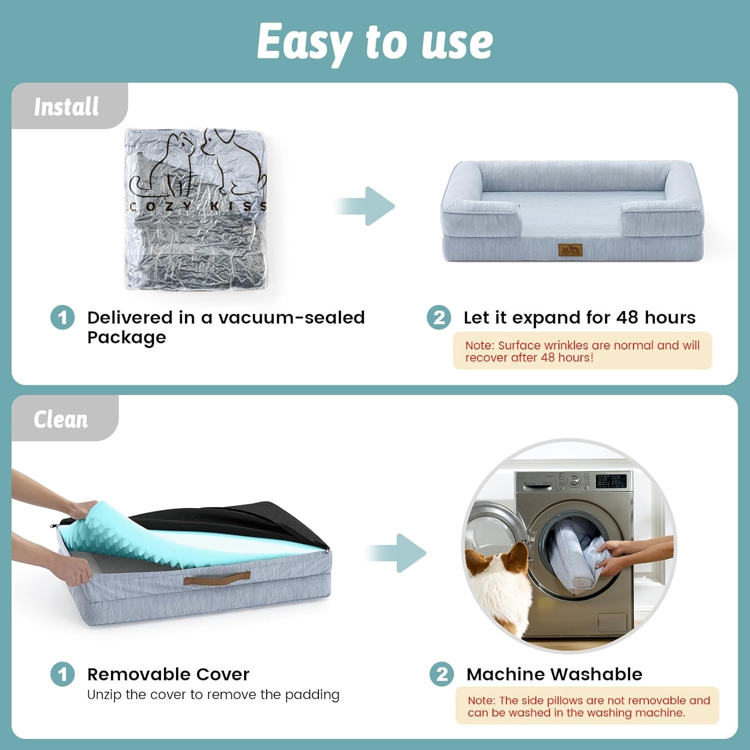 image:imageCOZY KISS Cooling Dog Bed for Large Medium Size Dogs QMax gt04 Summer Cool Orthopedic Foam Pet Sofa Bed with Sides Bolster AntiSlip Couch with Washable Removable Cover L 36x27x65 inch BeigeBlue