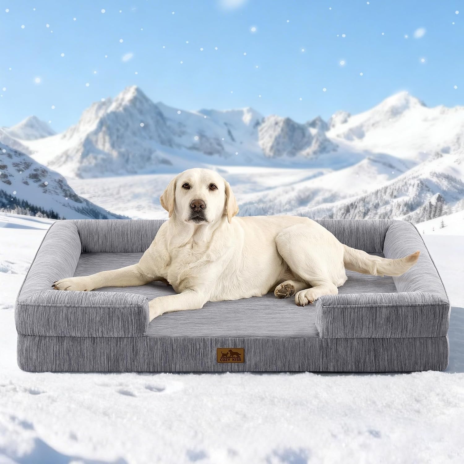 image:imageCOZY KISS Cooling Dog Bed for Large Medium Size Dogs QMax gt04 Summer Cool Orthopedic Foam Pet Sofa Bed with Sides Bolster AntiSlip Couch with Washable Removable Cover L 36x27x65 inch BeigeDark Grey