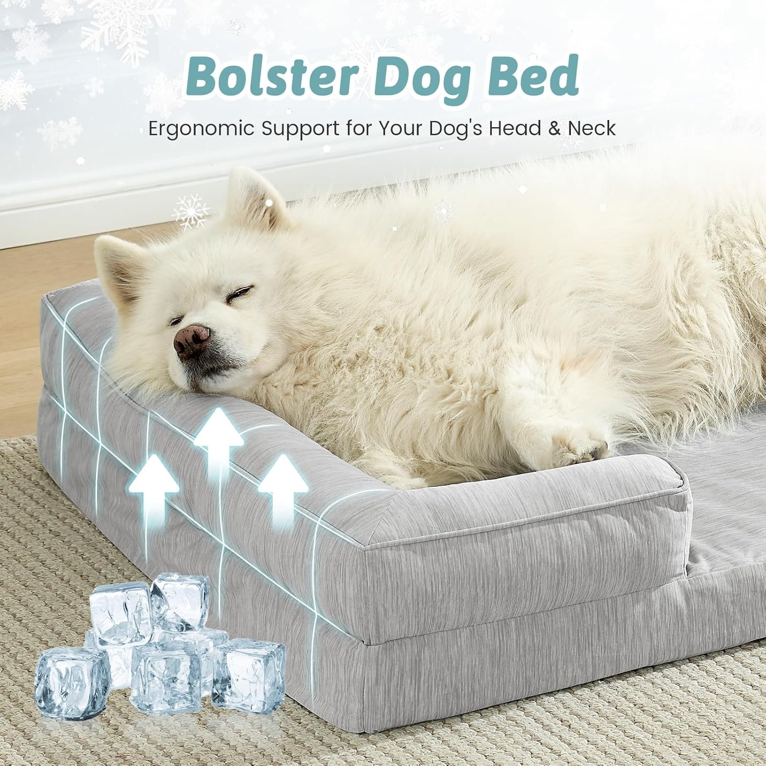 image:imageCOZY KISS Cooling Dog Bed for Large Medium Size Dogs QMax gt04 Summer Cool Orthopedic Foam Pet Sofa Bed with Sides Bolster AntiSlip Couch with Washable Removable Cover L 36x27x65 inch BeigeGrey