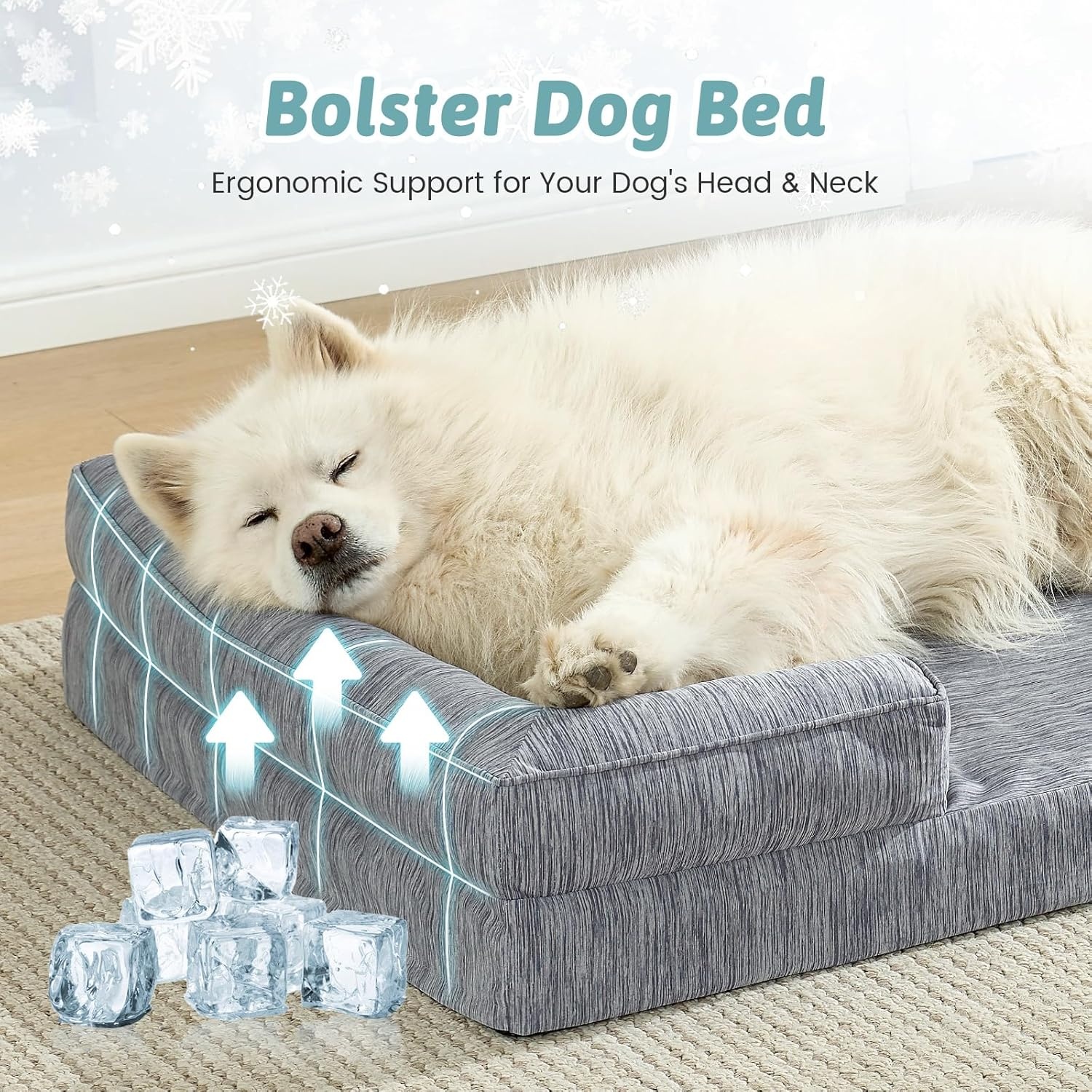 image:imageCOZY KISS Cooling Dog Bed for Large Medium Size Dogs QMax gt04 Summer Cool Orthopedic Foam Pet Sofa Bed with Sides Bolster AntiSlip Couch with Washable Removable Cover L 36x27x65 inch BeigeDark Grey