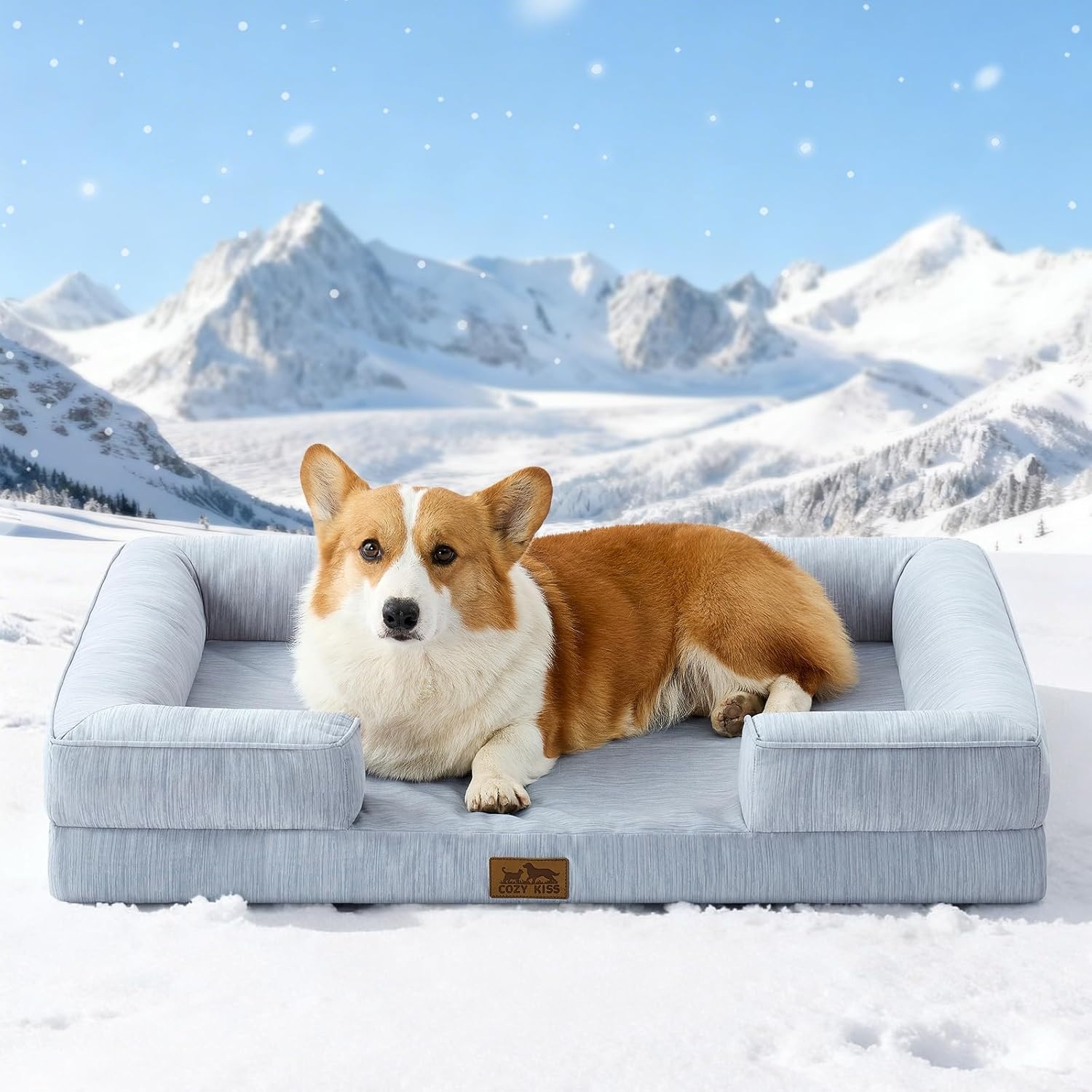 image:imageCOZY KISS Cooling Dog Bed for Large Medium Size Dogs QMax gt04 Summer Cool Orthopedic Foam Pet Sofa Bed with Sides Bolster AntiSlip Couch with Washable Removable Cover L 36x27x65 inch BeigeBlue