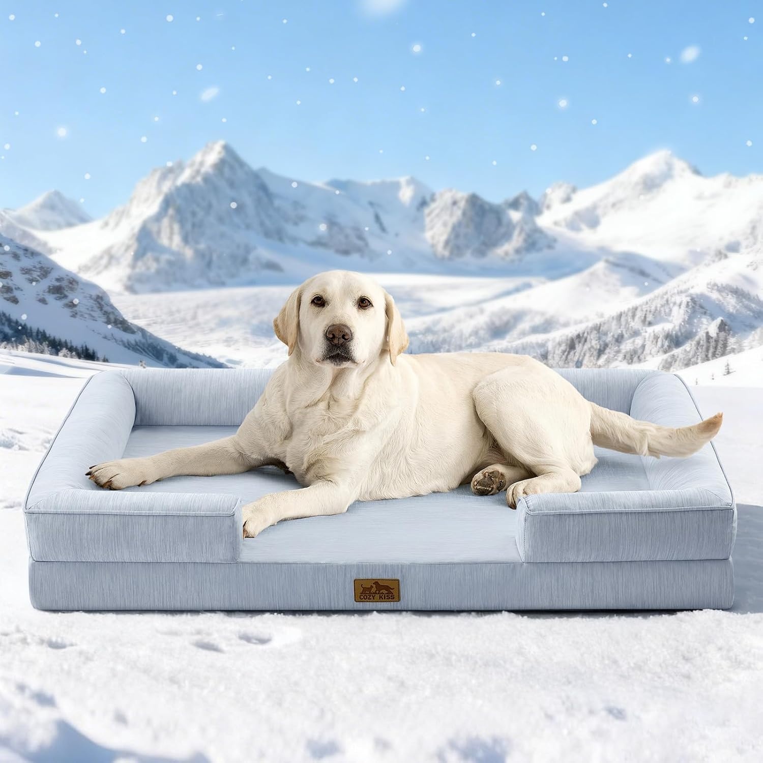 image:imageCOZY KISS Cooling Dog Bed for Large Medium Size Dogs QMax gt04 Summer Cool Orthopedic Foam Pet Sofa Bed with Sides Bolster AntiSlip Couch with Washable Removable Cover L 36x27x65 inch BeigeBlue