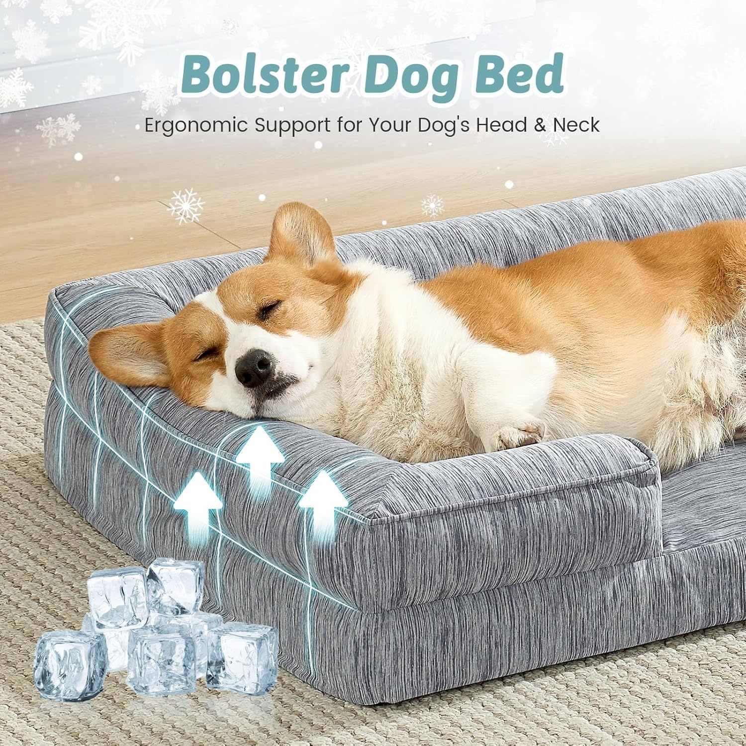 image:imageCOZY KISS Cooling Dog Bed for Large Medium Size Dogs QMax gt04 Summer Cool Orthopedic Foam Pet Sofa Bed with Sides Bolster AntiSlip Couch with Washable Removable Cover L 36x27x65 inch BeigeDark Grey