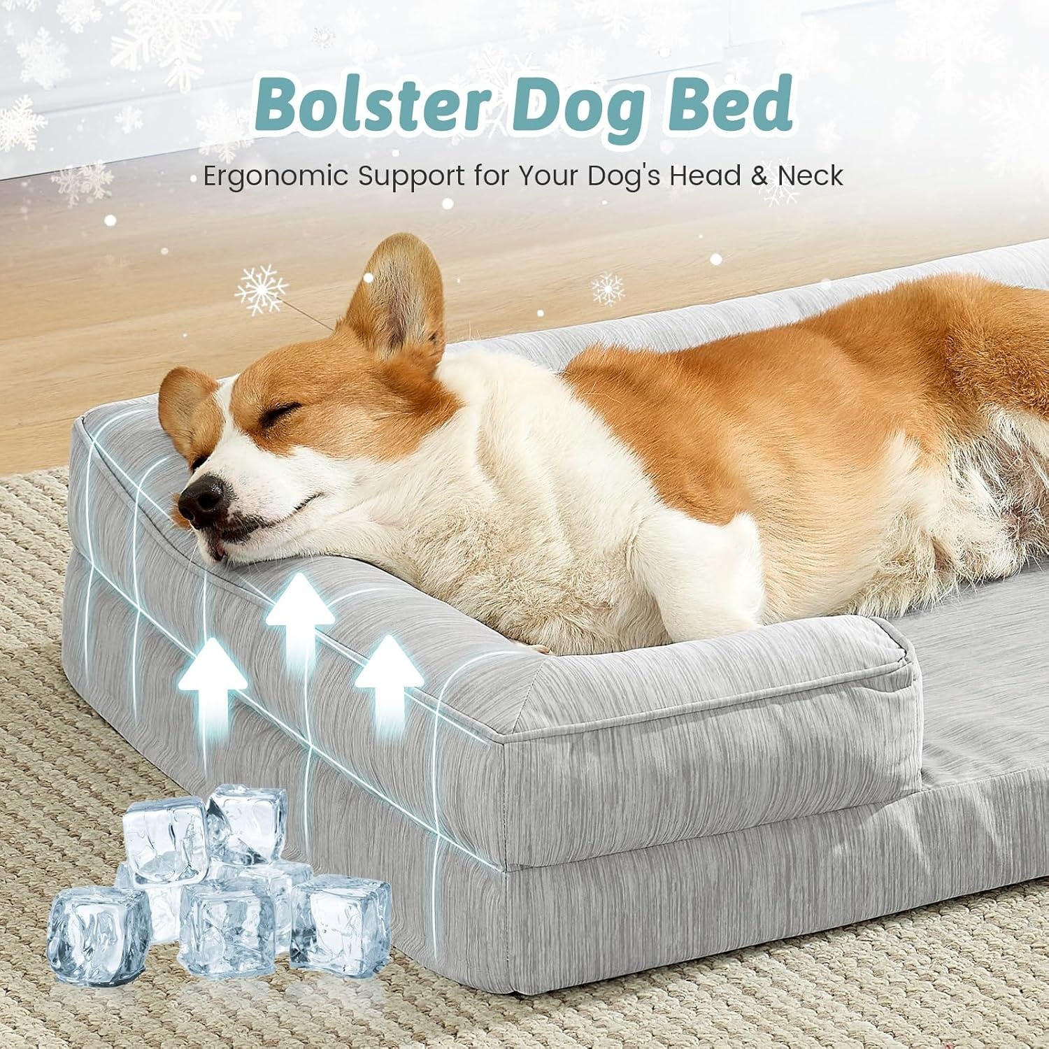 image:imageCOZY KISS Cooling Dog Bed for Large Medium Size Dogs QMax gt04 Summer Cool Orthopedic Foam Pet Sofa Bed with Sides Bolster AntiSlip Couch with Washable Removable Cover L 36x27x65 inch BeigeGrey