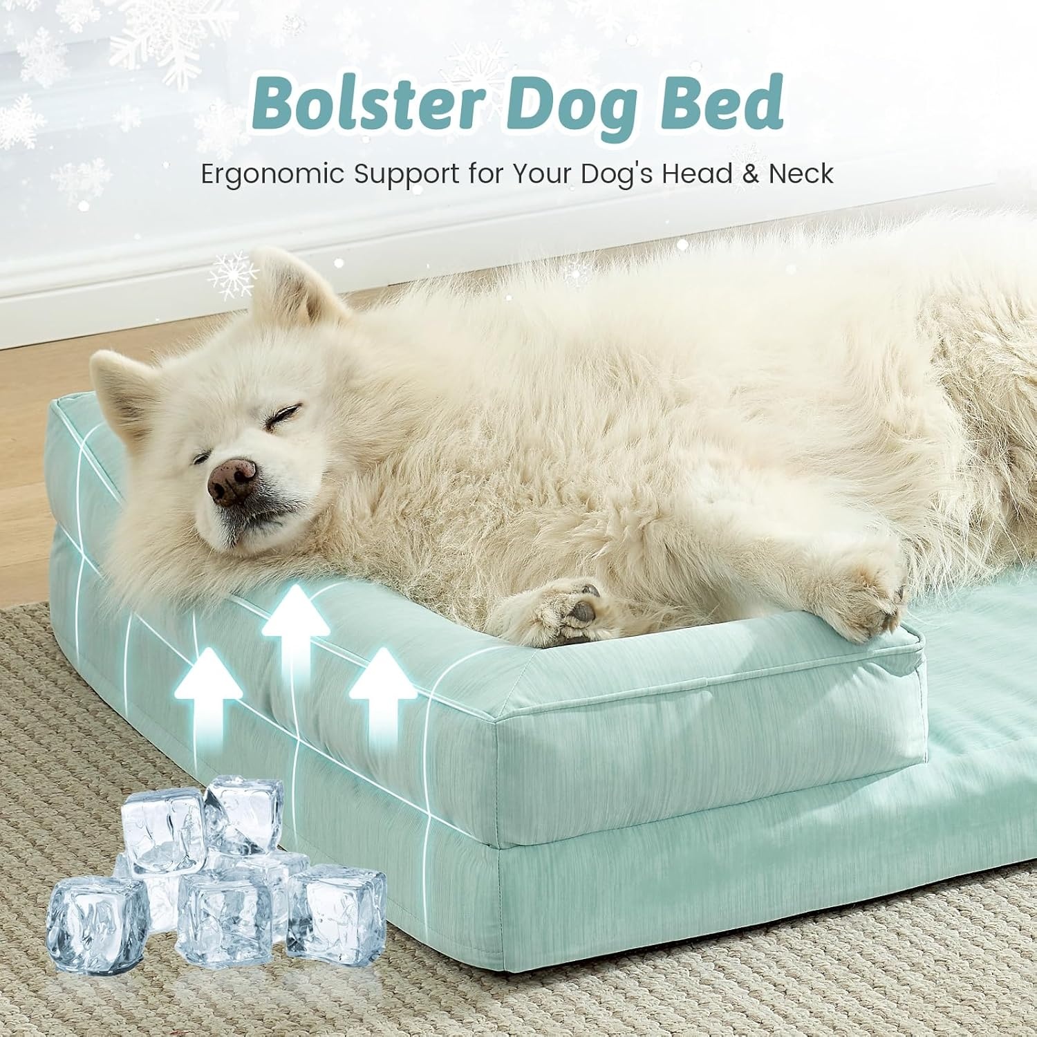 image:imageCOZY KISS Cooling Dog Bed for Large Medium Size Dogs QMax gt04 Summer Cool Orthopedic Foam Pet Sofa Bed with Sides Bolster AntiSlip Couch with Washable Removable Cover L 36x27x65 inch BeigeGreen