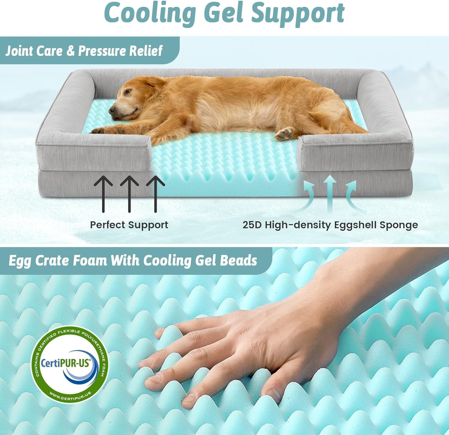 image:imageCOZY KISS Cooling Dog Bed for Large Medium Size Dogs QMax gt04 Summer Cool Orthopedic Foam Pet Sofa Bed with Sides Bolster AntiSlip Couch with Washable Removable Cover L 36x27x65 inch BeigeGrey