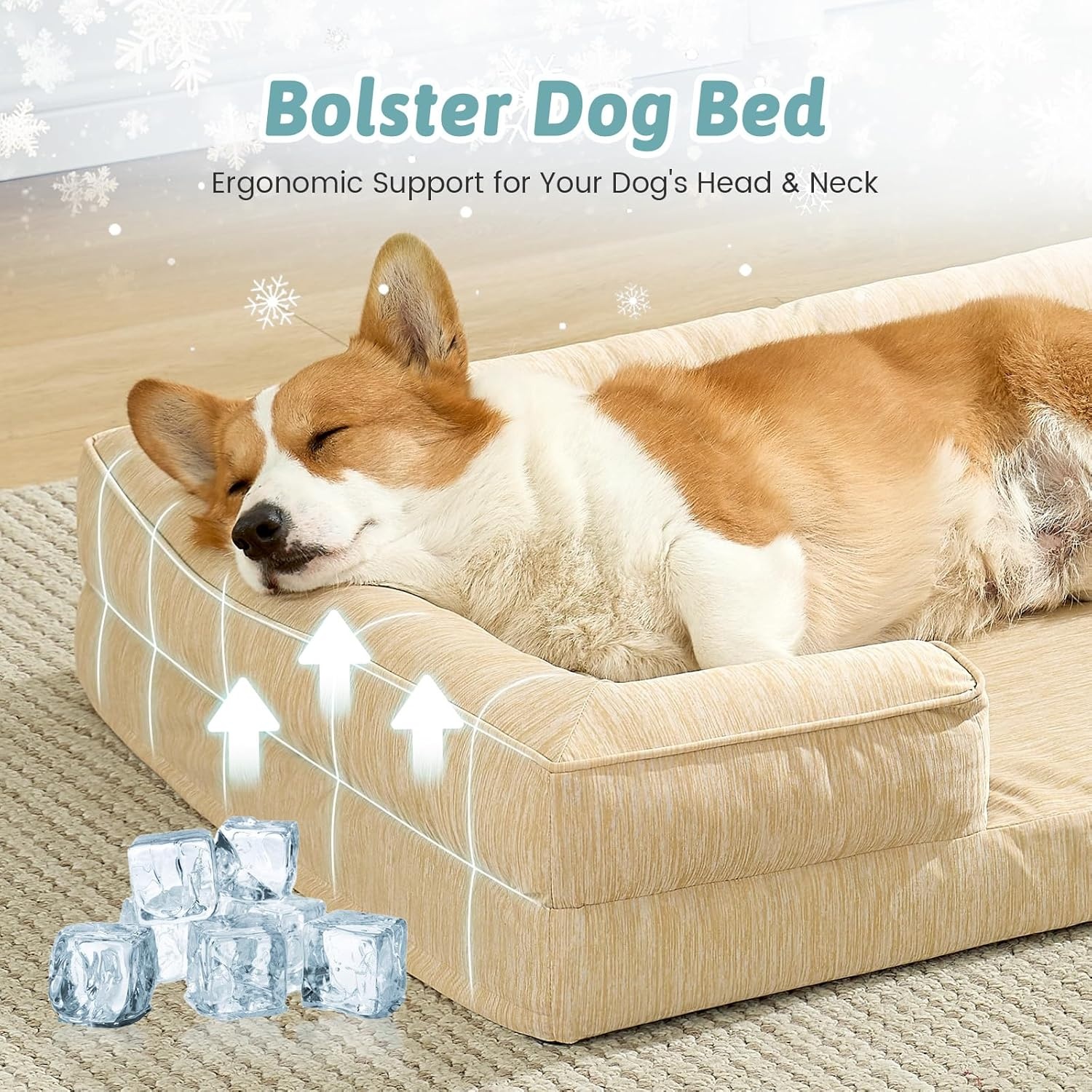 image:imageCOZY KISS Cooling Dog Bed for Large Medium Size Dogs QMax gt04 Summer Cool Orthopedic Foam Pet Sofa Bed with Sides Bolster AntiSlip Couch with Washable Removable Cover L 36x27x65 inch BeigeBeige