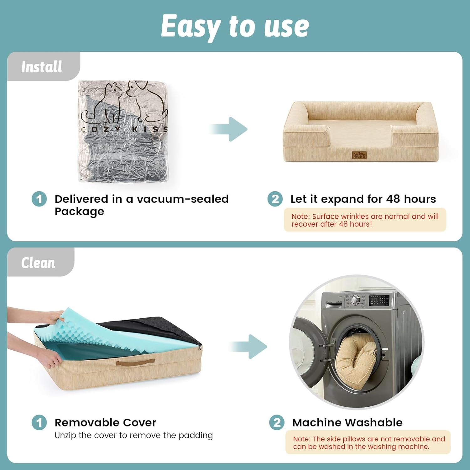 image:imageCOZY KISS Cooling Dog Bed for Large Medium Size Dogs QMax gt04 Summer Cool Orthopedic Foam Pet Sofa Bed with Sides Bolster AntiSlip Couch with Washable Removable Cover L 36x27x65 inch BeigeBeige
