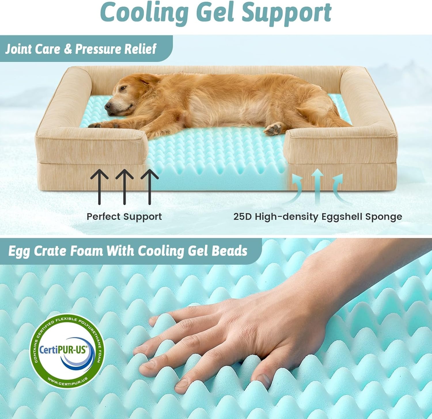 image:imageCOZY KISS Cooling Dog Bed for Large Medium Size Dogs QMax gt04 Summer Cool Orthopedic Foam Pet Sofa Bed with Sides Bolster AntiSlip Couch with Washable Removable Cover L 36x27x65 inch BeigeBeige