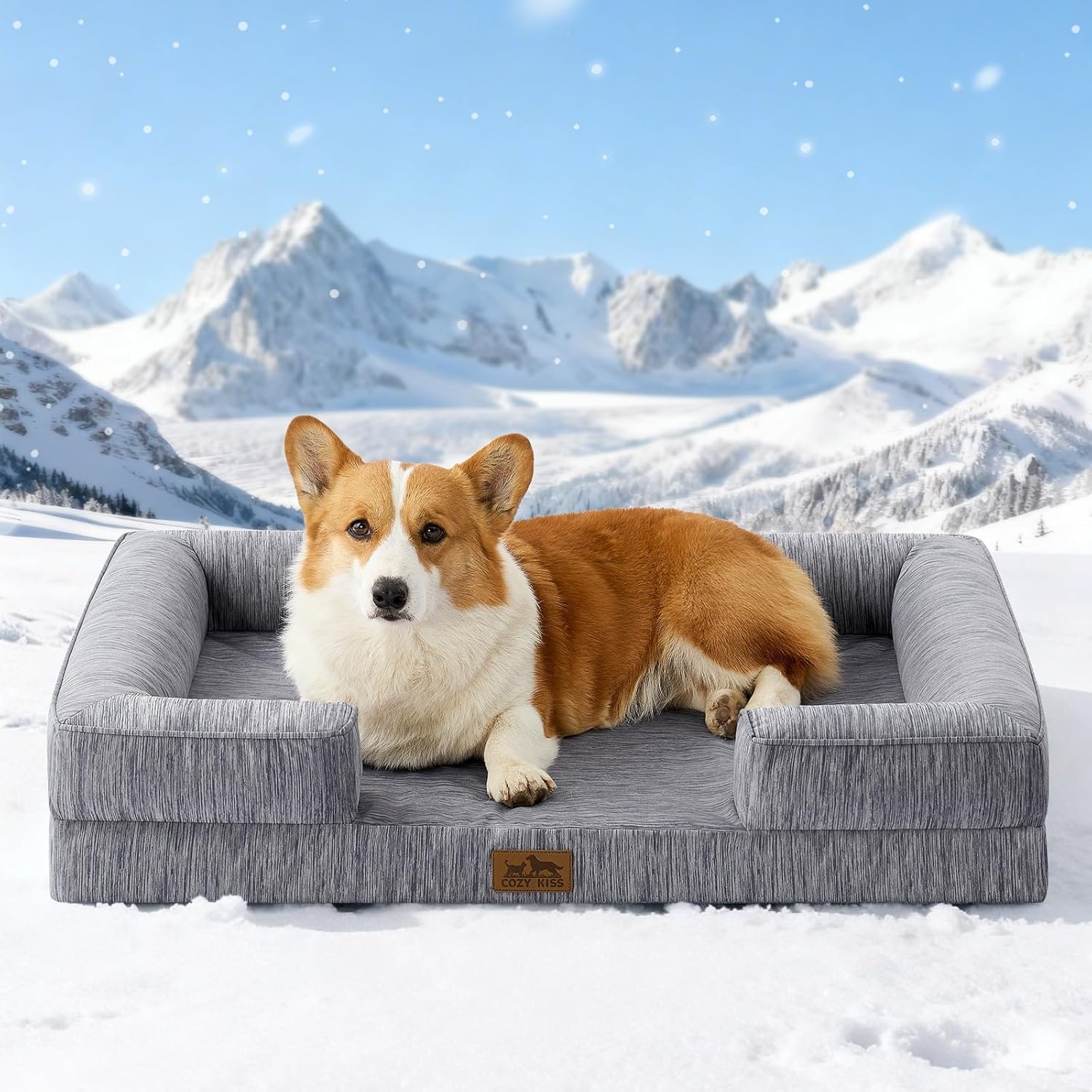 image:imageCOZY KISS Cooling Dog Bed for Large Medium Size Dogs QMax gt04 Summer Cool Orthopedic Foam Pet Sofa Bed with Sides Bolster AntiSlip Couch with Washable Removable Cover L 36x27x65 inch BeigeDark Grey