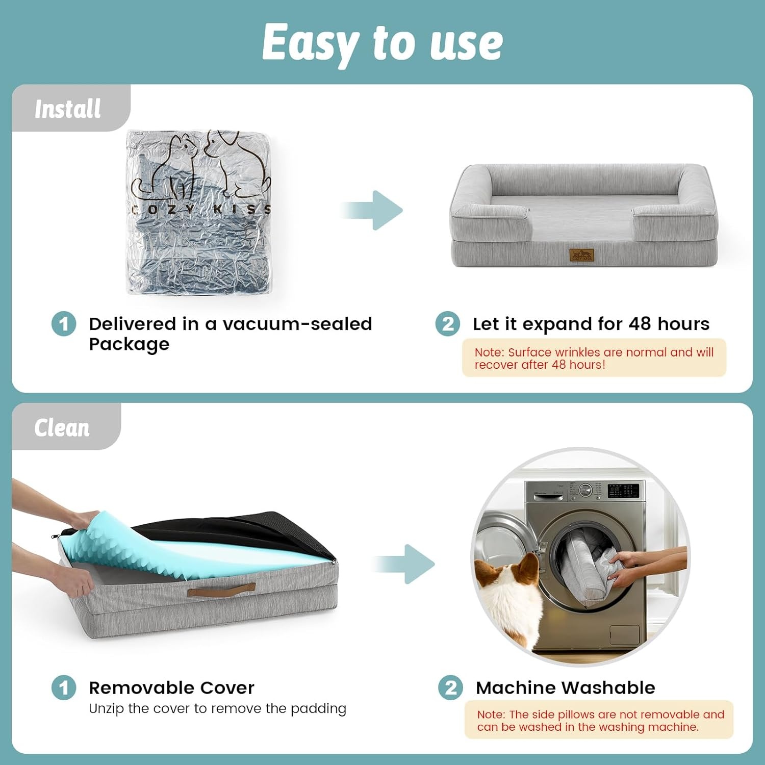 image:imageCOZY KISS Cooling Dog Bed for Large Medium Size Dogs QMax gt04 Summer Cool Orthopedic Foam Pet Sofa Bed with Sides Bolster AntiSlip Couch with Washable Removable Cover L 36x27x65 inch BeigeGrey