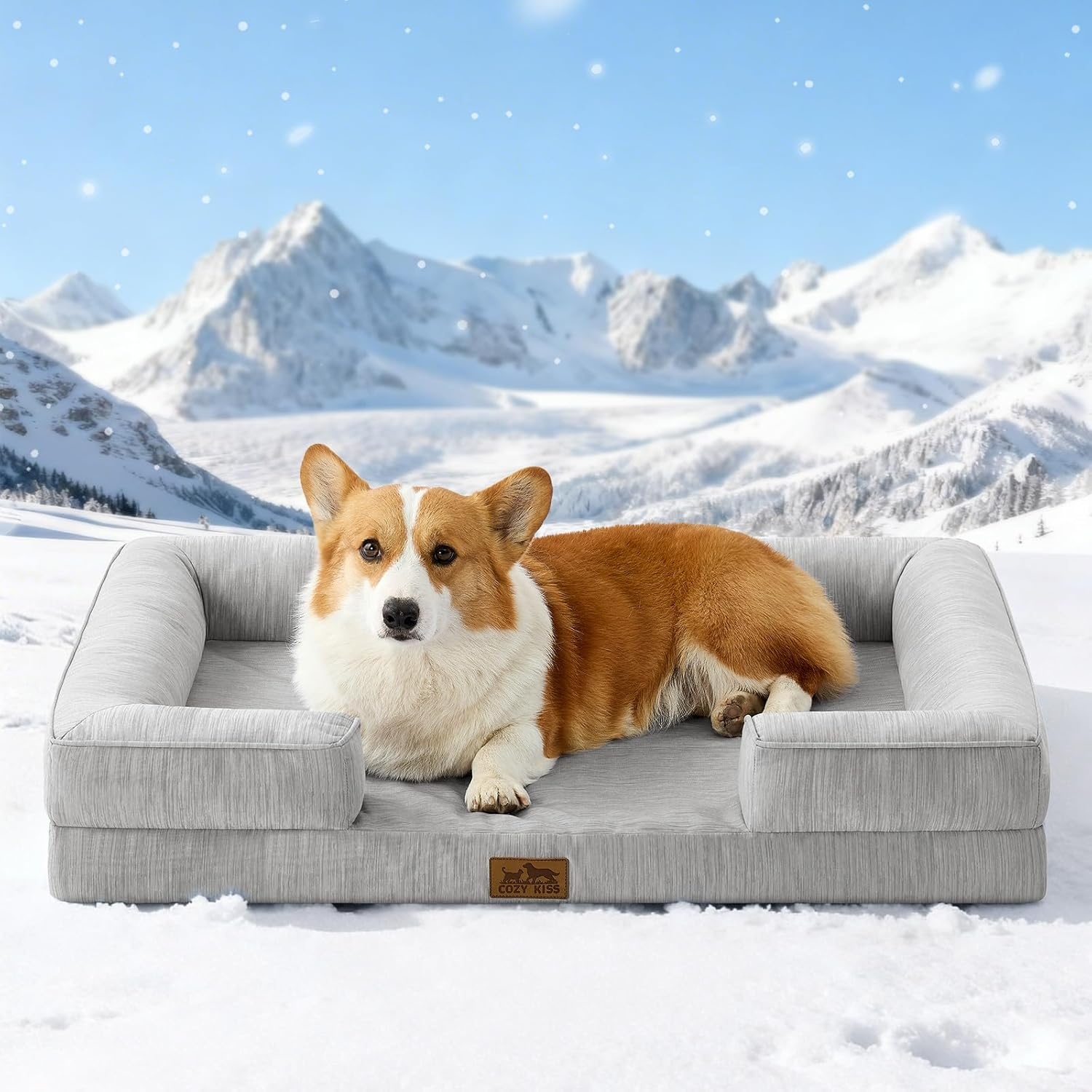 image:imageCOZY KISS Cooling Dog Bed for Large Medium Size Dogs QMax gt04 Summer Cool Orthopedic Foam Pet Sofa Bed with Sides Bolster AntiSlip Couch with Washable Removable Cover L 36x27x65 inch BeigeGrey