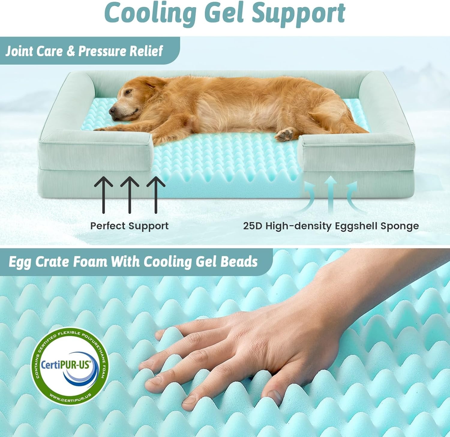 image:imageCOZY KISS Cooling Dog Bed for Large Medium Size Dogs QMax gt04 Summer Cool Orthopedic Foam Pet Sofa Bed with Sides Bolster AntiSlip Couch with Washable Removable Cover L 36x27x65 inch BeigeGreen
