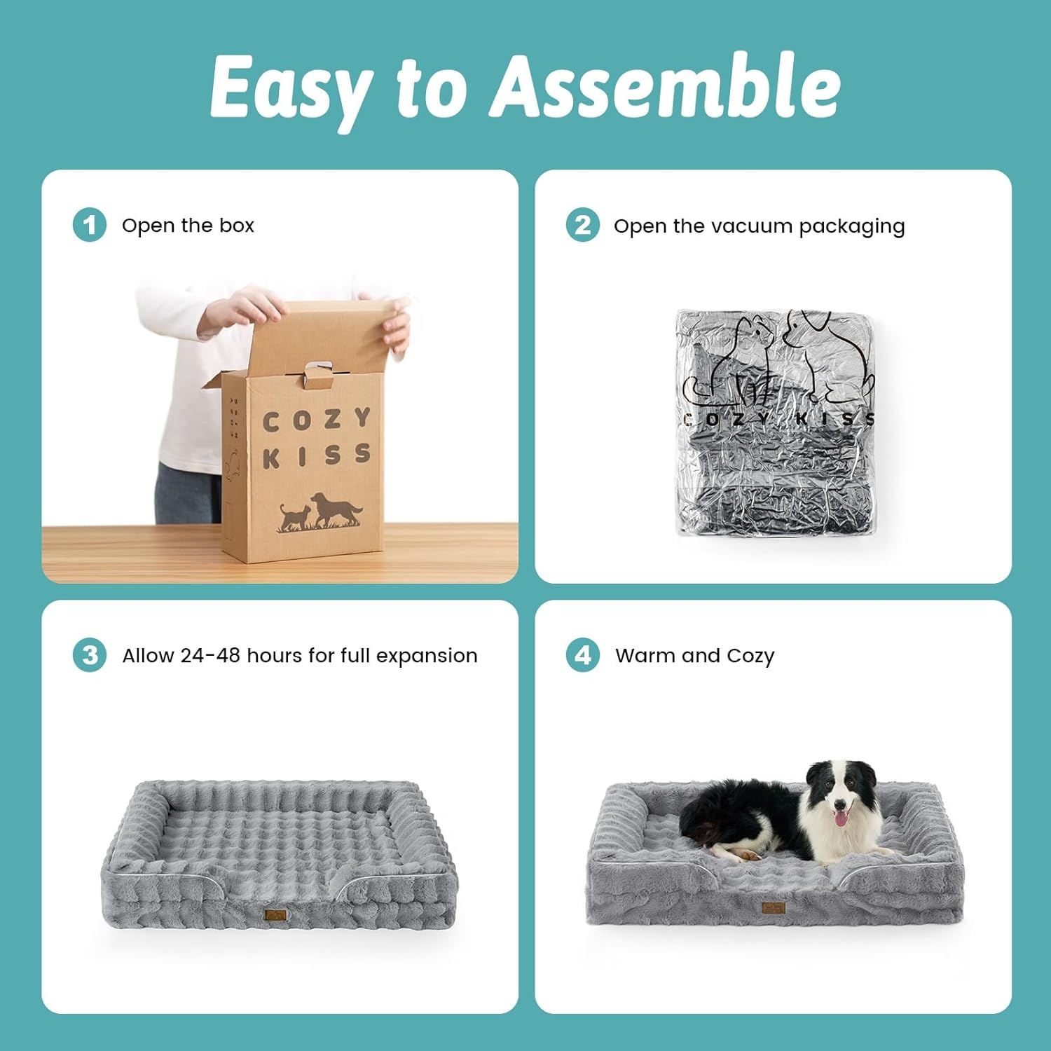 image:imageCOZY KISS Orthopedic Dog Bed for Extra Large Dog Soft and Warm Faux Fur Sofa for Giant Pet Up to 150 lbs Foam Bolster AntiSlip Couch with Washable Removable Cover XXL 48x35x8 inch BeigeGrey