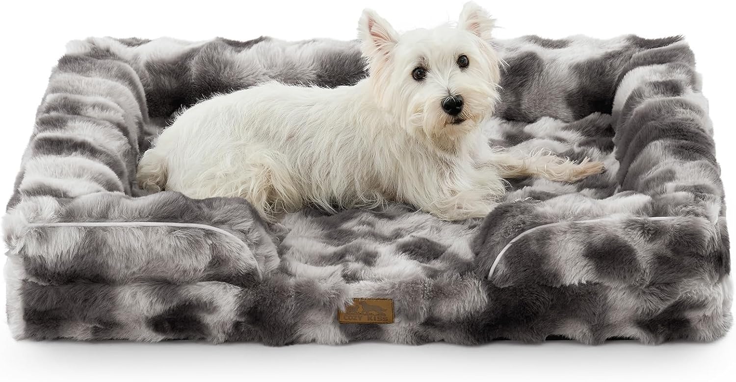 image:imageCOZY KISS Orthopedic Dog Bed for Extra Large Dog Soft and Warm Faux Fur Sofa for Giant Pet Up to 150 lbs Foam Bolster AntiSlip Couch with Washable Removable Cover XXL 48x35x8 inch BeigeTiedye Grey