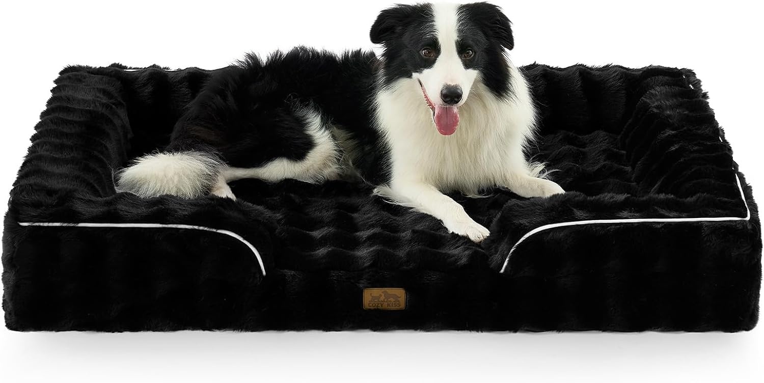 image:imageCOZY KISS Orthopedic Dog Bed for Extra Large Dog Soft and Warm Faux Fur Sofa for Giant Pet Up to 150 lbs Foam Bolster AntiSlip Couch with Washable Removable Cover XXL 48x35x8 inch BeigeBlack