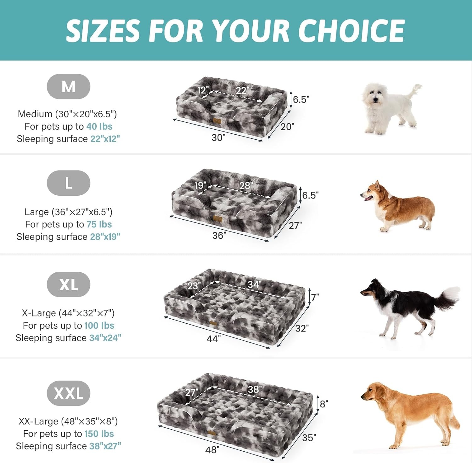 image:imageCOZY KISS Orthopedic Dog Bed for Extra Large Dog Soft and Warm Faux Fur Sofa for Giant Pet Up to 150 lbs Foam Bolster AntiSlip Couch with Washable Removable Cover XXL 48x35x8 inch BeigeTiedye Grey