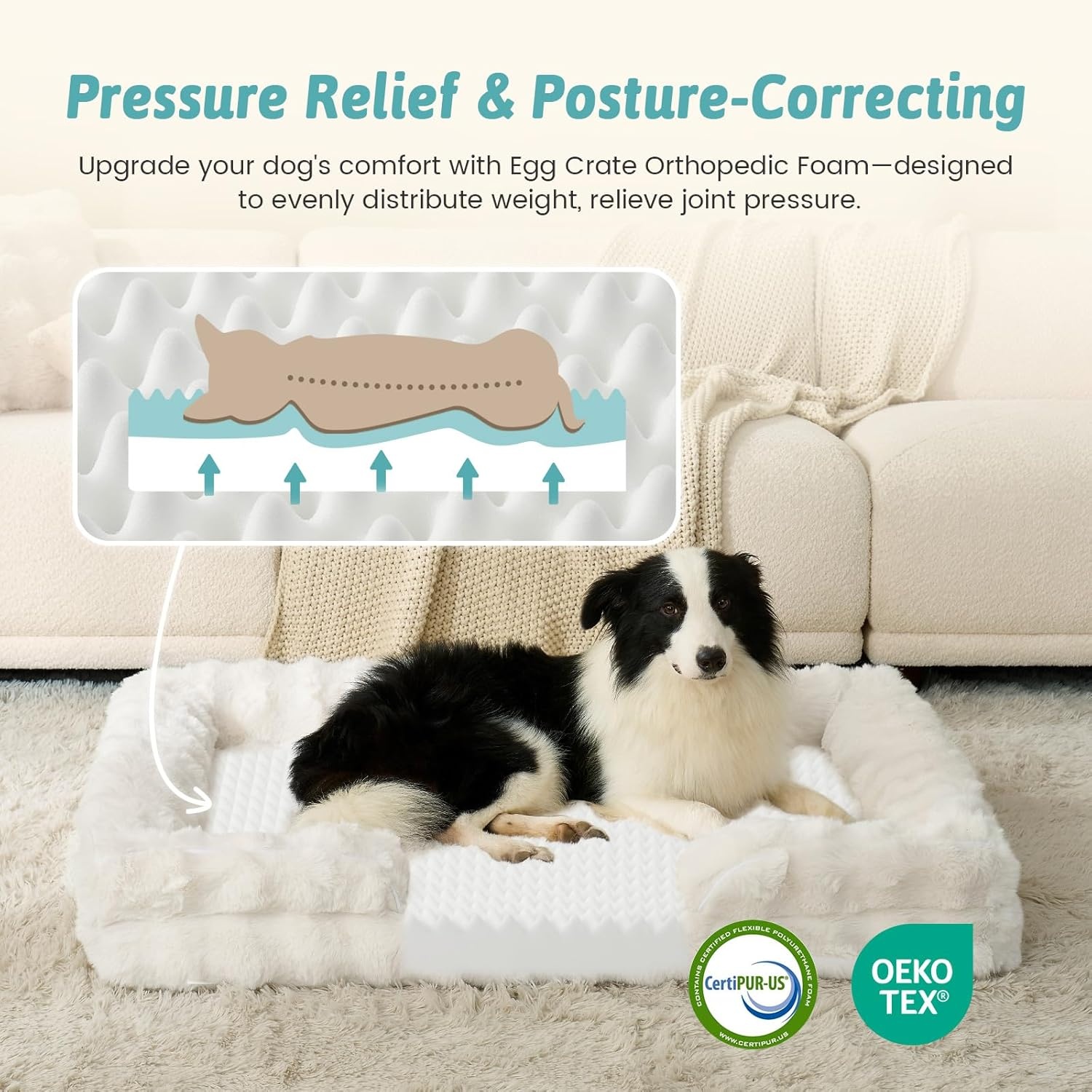 image:imageCOZY KISS Orthopedic Dog Bed for Extra Large Dog Soft and Warm Faux Fur Sofa for Giant Pet Up to 150 lbs Foam Bolster AntiSlip Couch with Washable Removable Cover XXL 48x35x8 inch BeigeBeige