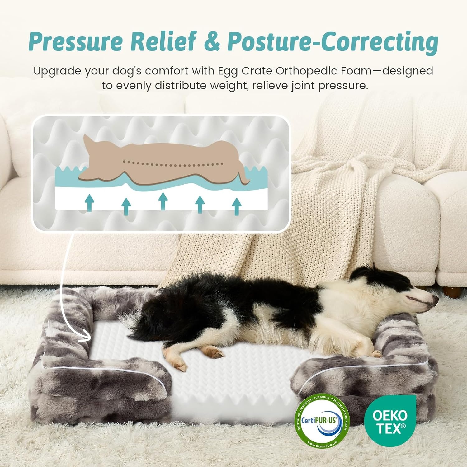 image:imageCOZY KISS Orthopedic Dog Bed for Extra Large Dog Soft and Warm Faux Fur Sofa for Giant Pet Up to 150 lbs Foam Bolster AntiSlip Couch with Washable Removable Cover XXL 48x35x8 inch BeigeTiedye Grey