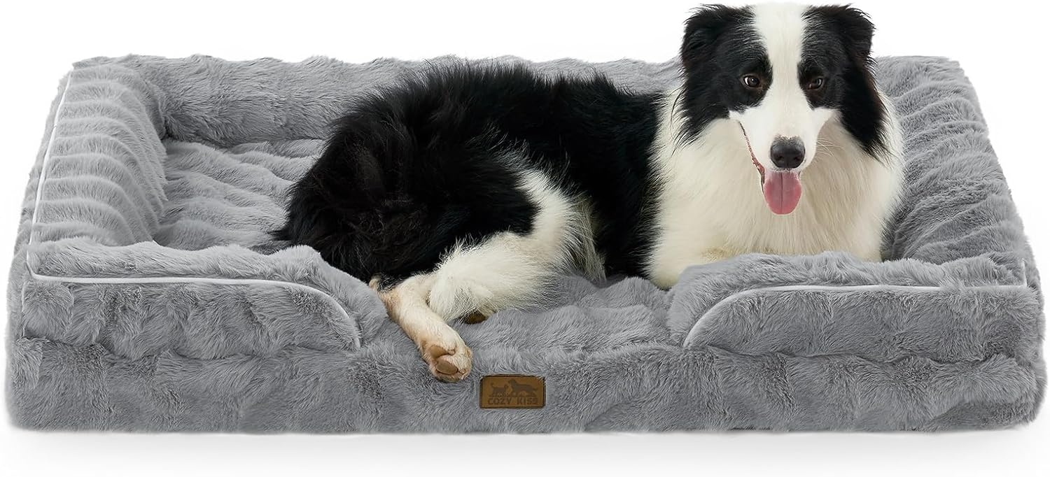 image:imageCOZY KISS Orthopedic Dog Bed for Extra Large Dog Soft and Warm Faux Fur Sofa for Giant Pet Up to 150 lbs Foam Bolster AntiSlip Couch with Washable Removable Cover XXL 48x35x8 inch BeigeGrey