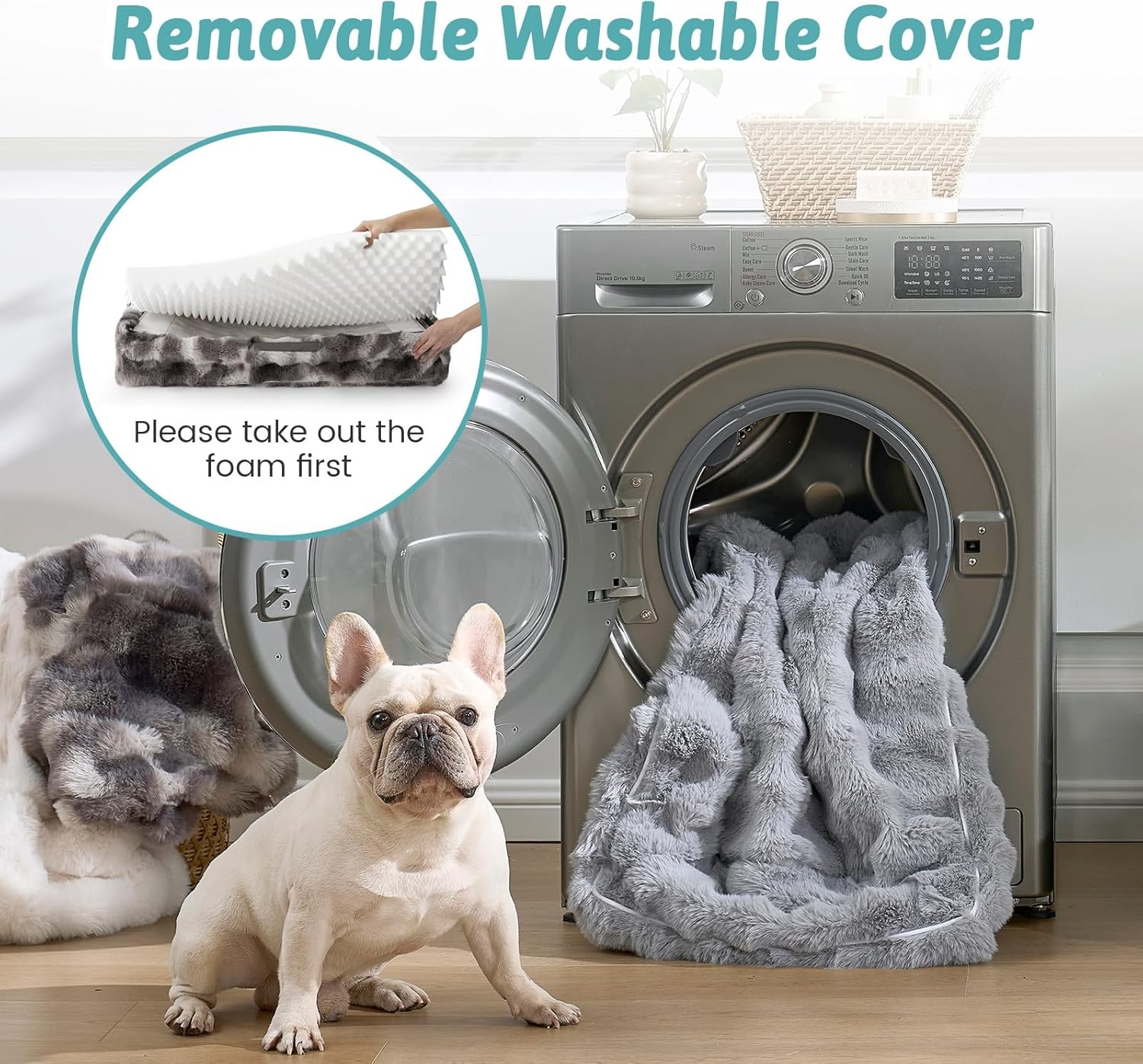image:imageCOZY KISS Orthopedic Dog Bed for Extra Large Dog Soft and Warm Faux Fur Sofa for Giant Pet Up to 150 lbs Foam Bolster AntiSlip Couch with Washable Removable Cover XXL 48x35x8 inch BeigeTiedye Grey