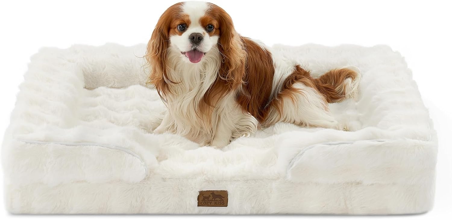 image:imageCOZY KISS Orthopedic Dog Bed for Extra Large Dog Soft and Warm Faux Fur Sofa for Giant Pet Up to 150 lbs Foam Bolster AntiSlip Couch with Washable Removable Cover XXL 48x35x8 inch BeigeBeige