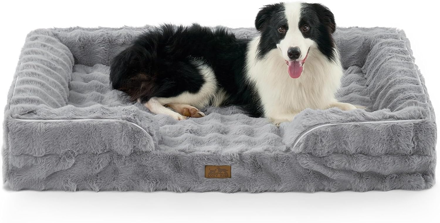 image:imageCOZY KISS Orthopedic Dog Bed for Extra Large Dog Soft and Warm Faux Fur Sofa for Giant Pet Up to 150 lbs Foam Bolster AntiSlip Couch with Washable Removable Cover XXL 48x35x8 inch BeigeGrey