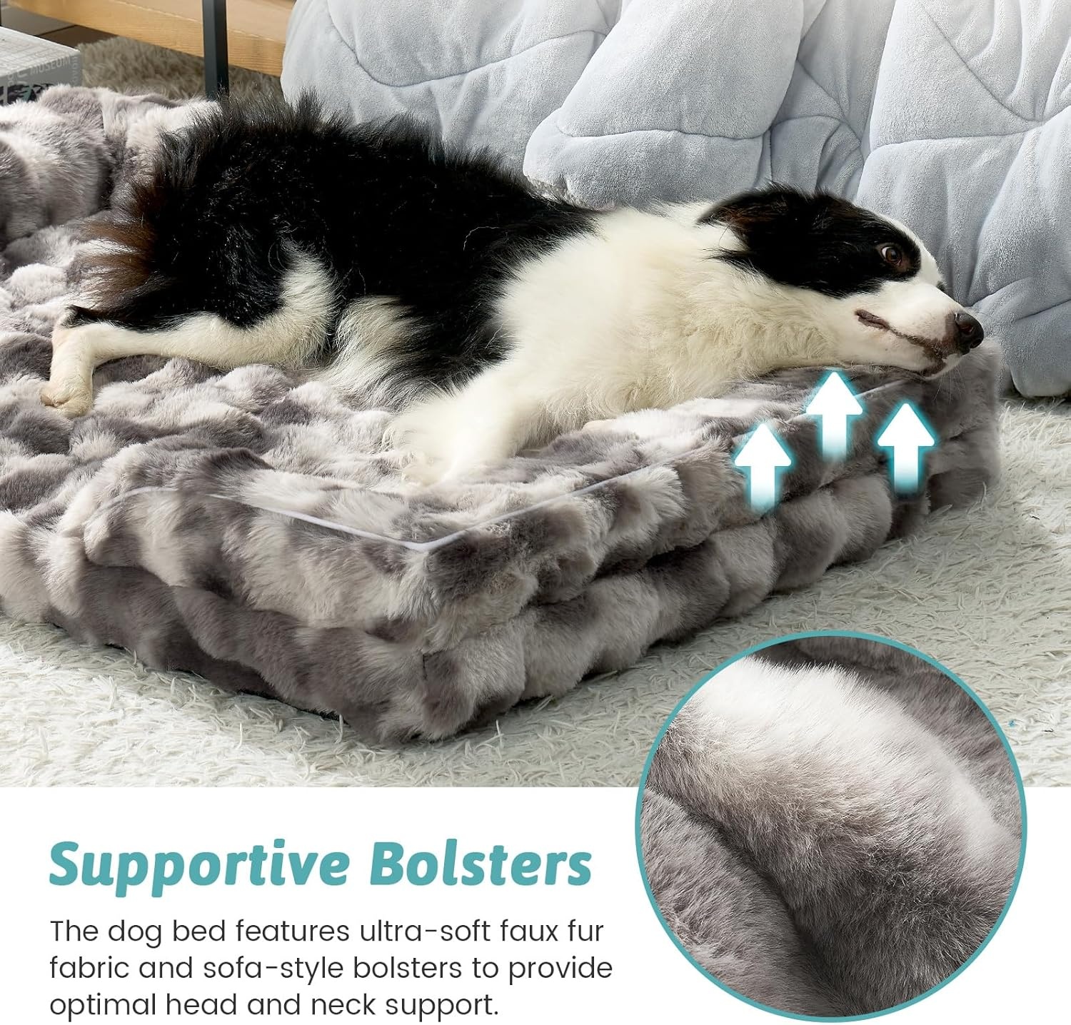 image:imageCOZY KISS Orthopedic Dog Bed for Extra Large Dog Soft and Warm Faux Fur Sofa for Giant Pet Up to 150 lbs Foam Bolster AntiSlip Couch with Washable Removable Cover XXL 48x35x8 inch BeigeTiedye Grey