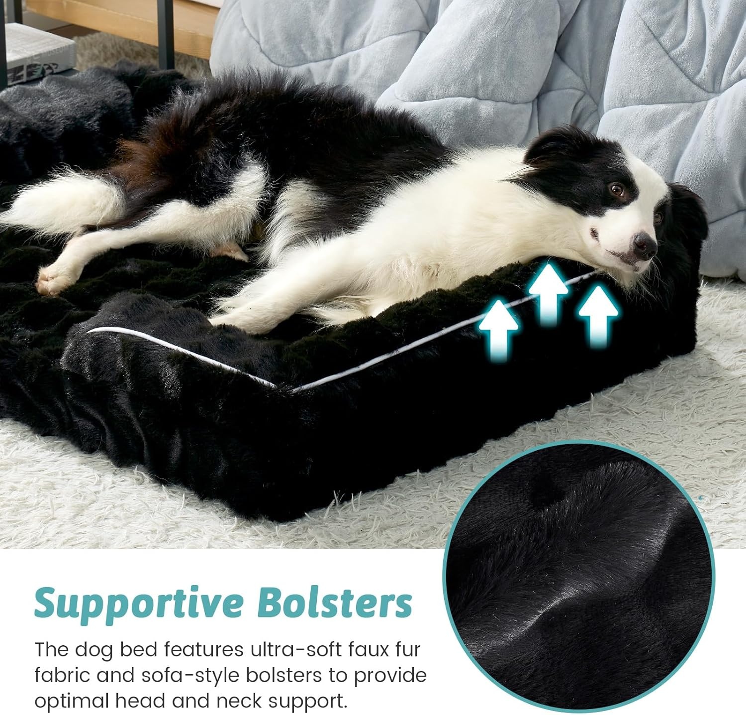 image:imageCOZY KISS Orthopedic Dog Bed for Extra Large Dog Soft and Warm Faux Fur Sofa for Giant Pet Up to 150 lbs Foam Bolster AntiSlip Couch with Washable Removable Cover XXL 48x35x8 inch BeigeBlack