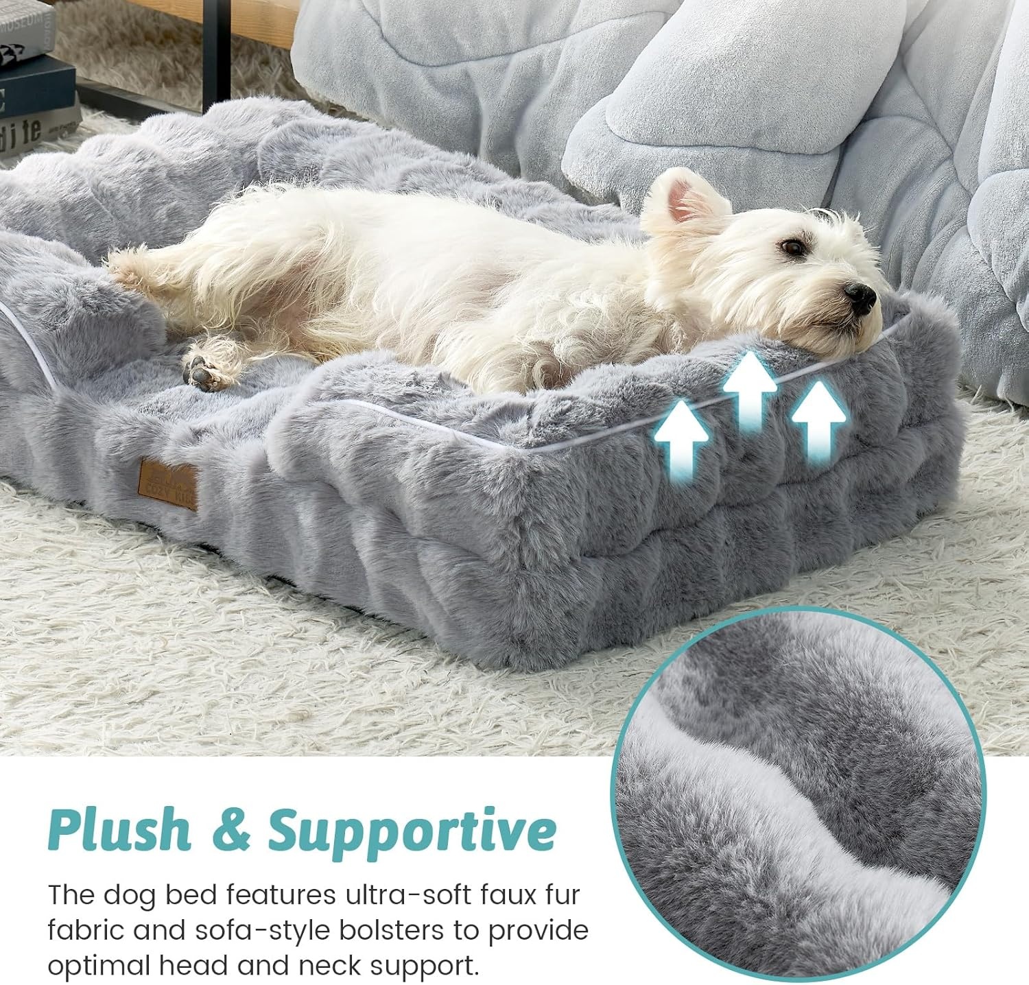 image:imageCOZY KISS Orthopedic Dog Bed for Extra Large Dog Soft and Warm Faux Fur Sofa for Giant Pet Up to 150 lbs Foam Bolster AntiSlip Couch with Washable Removable Cover XXL 48x35x8 inch BeigeGrey