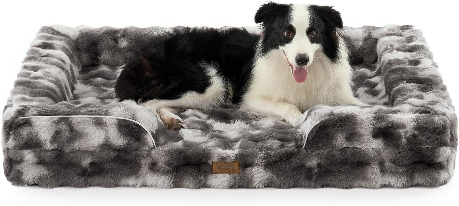 image:imageCOZY KISS Orthopedic Dog Bed for Extra Large Dog Soft and Warm Faux Fur Sofa for Giant Pet Up to 150 lbs Foam Bolster AntiSlip Couch with Washable Removable Cover XXL 48x35x8 inch BeigeTiedye Grey